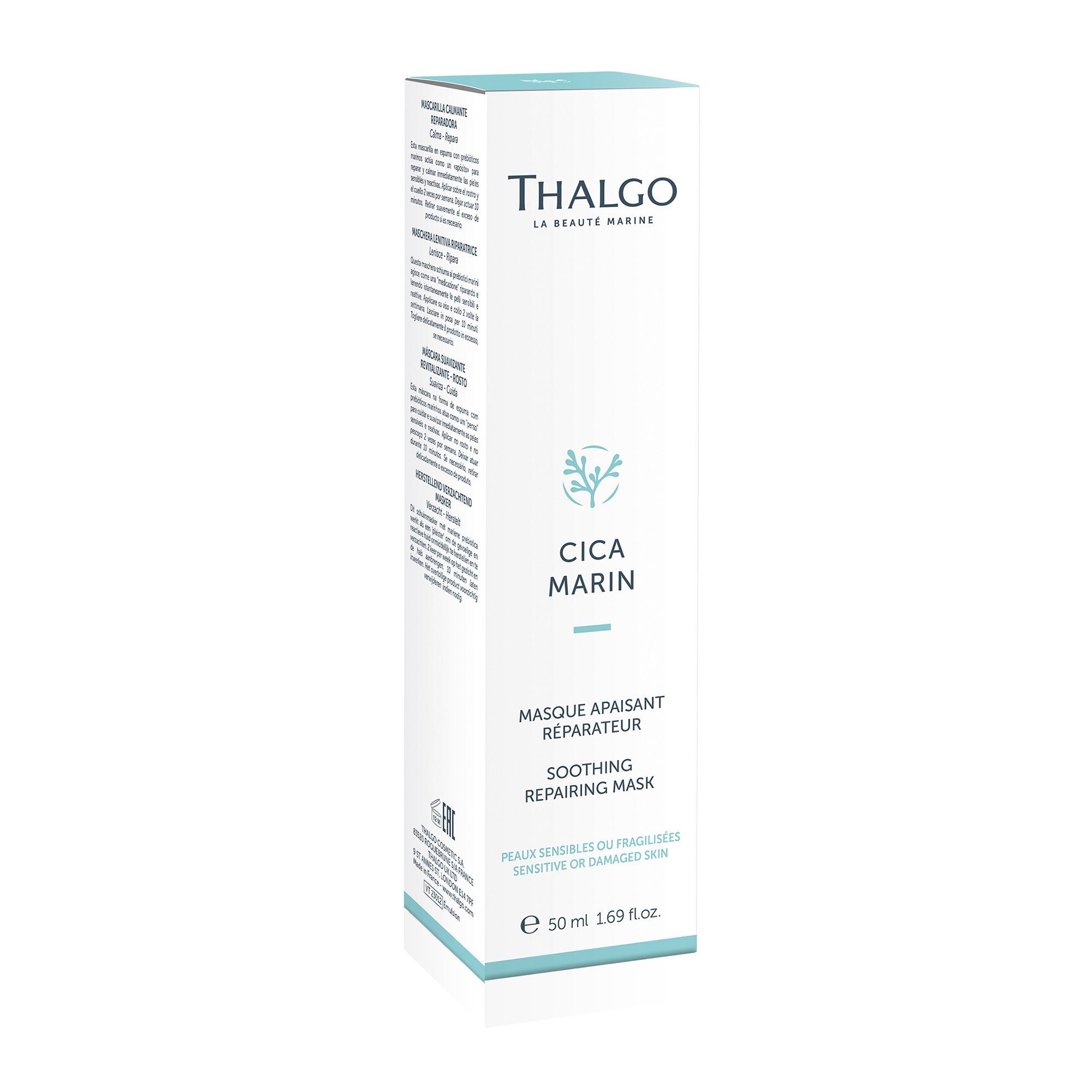 Weiße Verpackung mit blauem Schriftzug THALGO, CICA MARIN und Produktbezeichnung. Aufschrift: Soothing Repairing Mask. 50 ml.