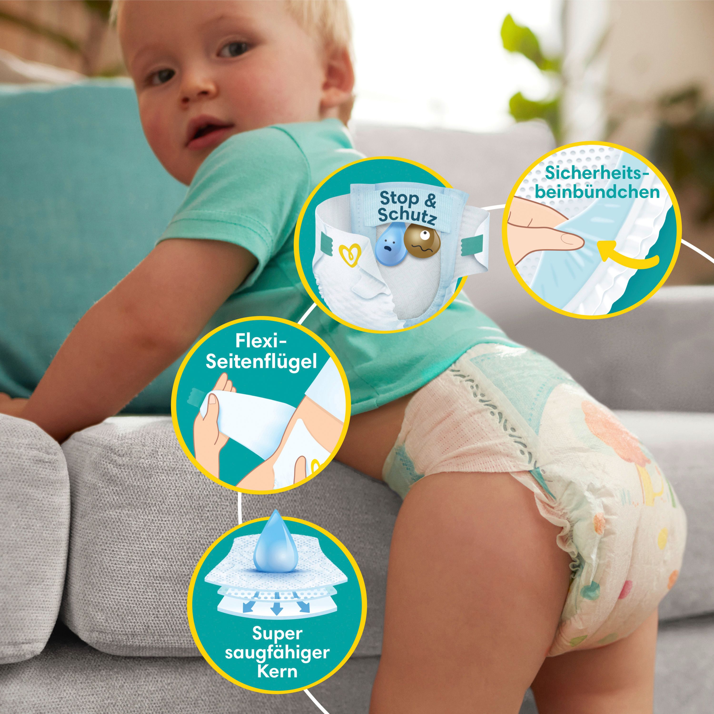 Baby mit Pampers Baby-Dry Windel. Nahaufnahmen zeigen Flexi-Seitenflügel, Sicherheitsbündchen und saugstarken Kern.