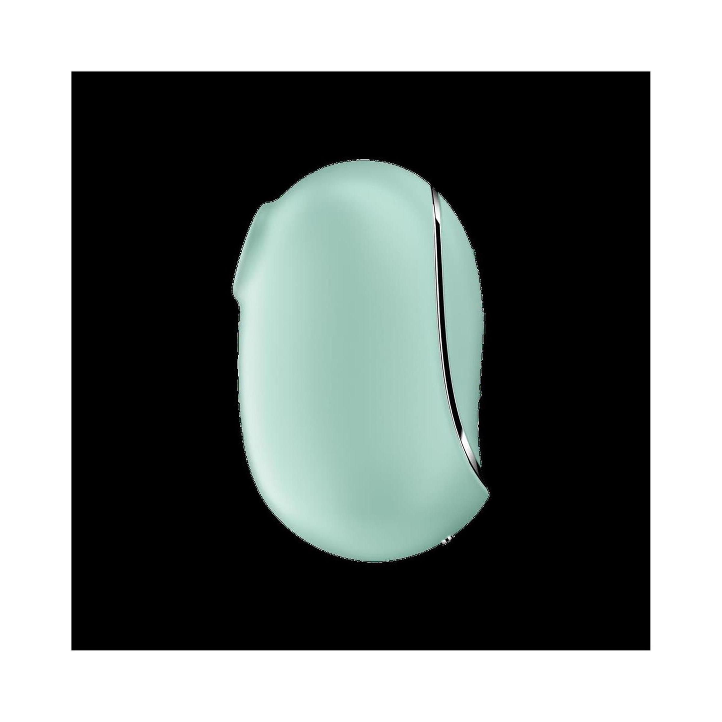 Mintfarbener, ovaler Vibrator mit silberner Umrandung. Das Produkt hat eine Öffnung.