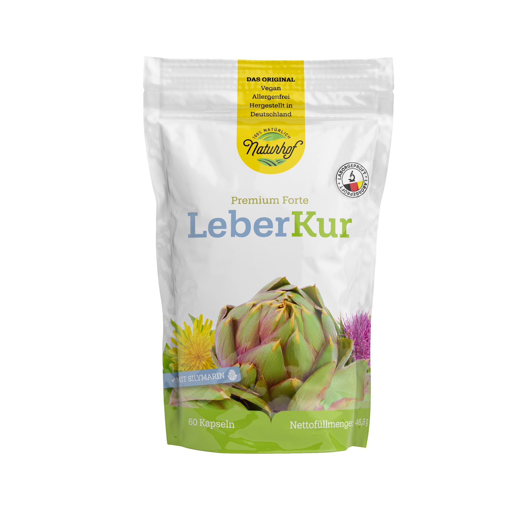 Beutel Naturhof Leberkur Premium Forte. Abbildung einer Artischocke. Aufschrift: Vegan, allergenfrei, hergestellt in Deutschland. Mit 60 Kapseln.