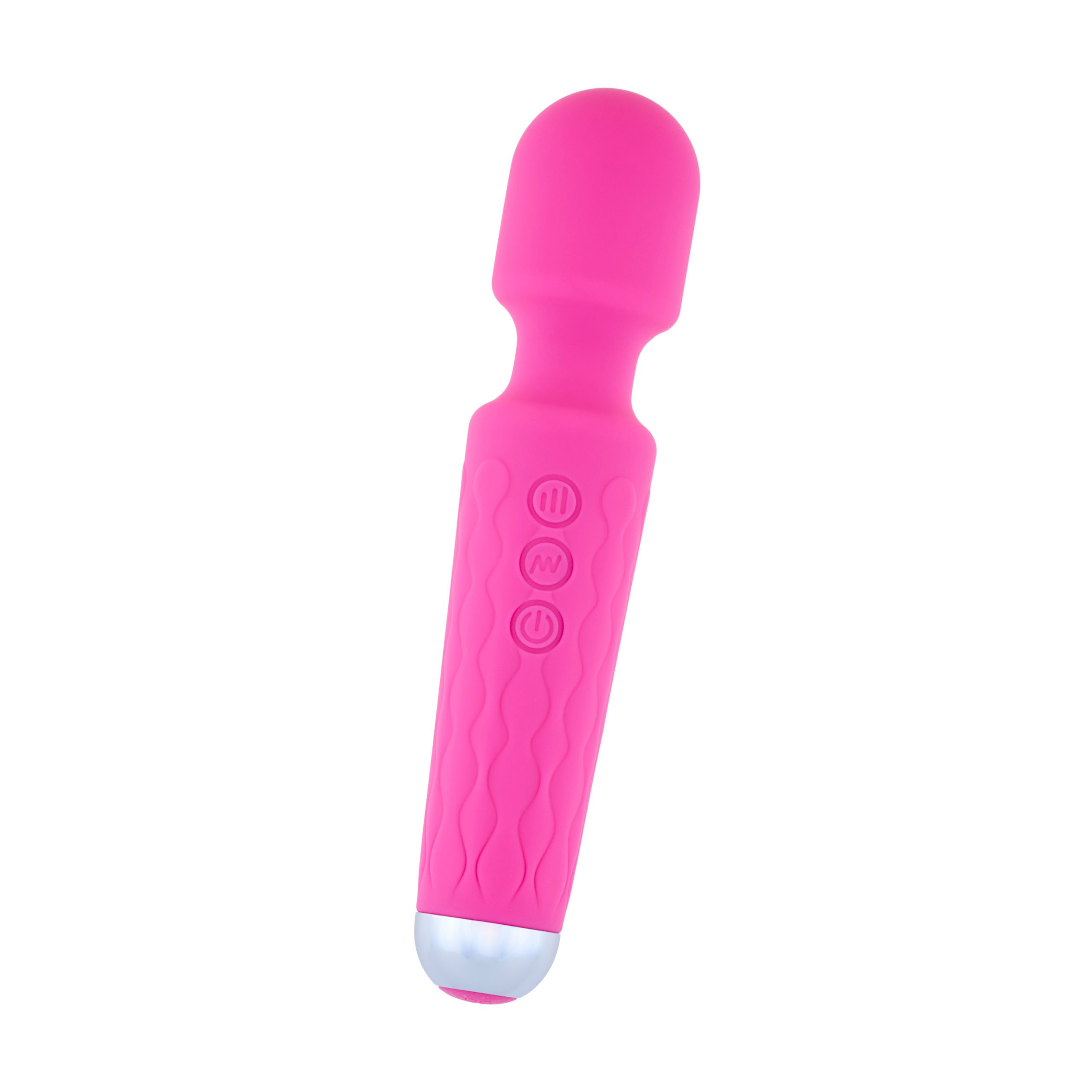 Pinkfarbener Vibrator mit wellenförmiger Textur am Griff. Silberfarbene Spitze und drei Knöpfe. Oberteil rund.