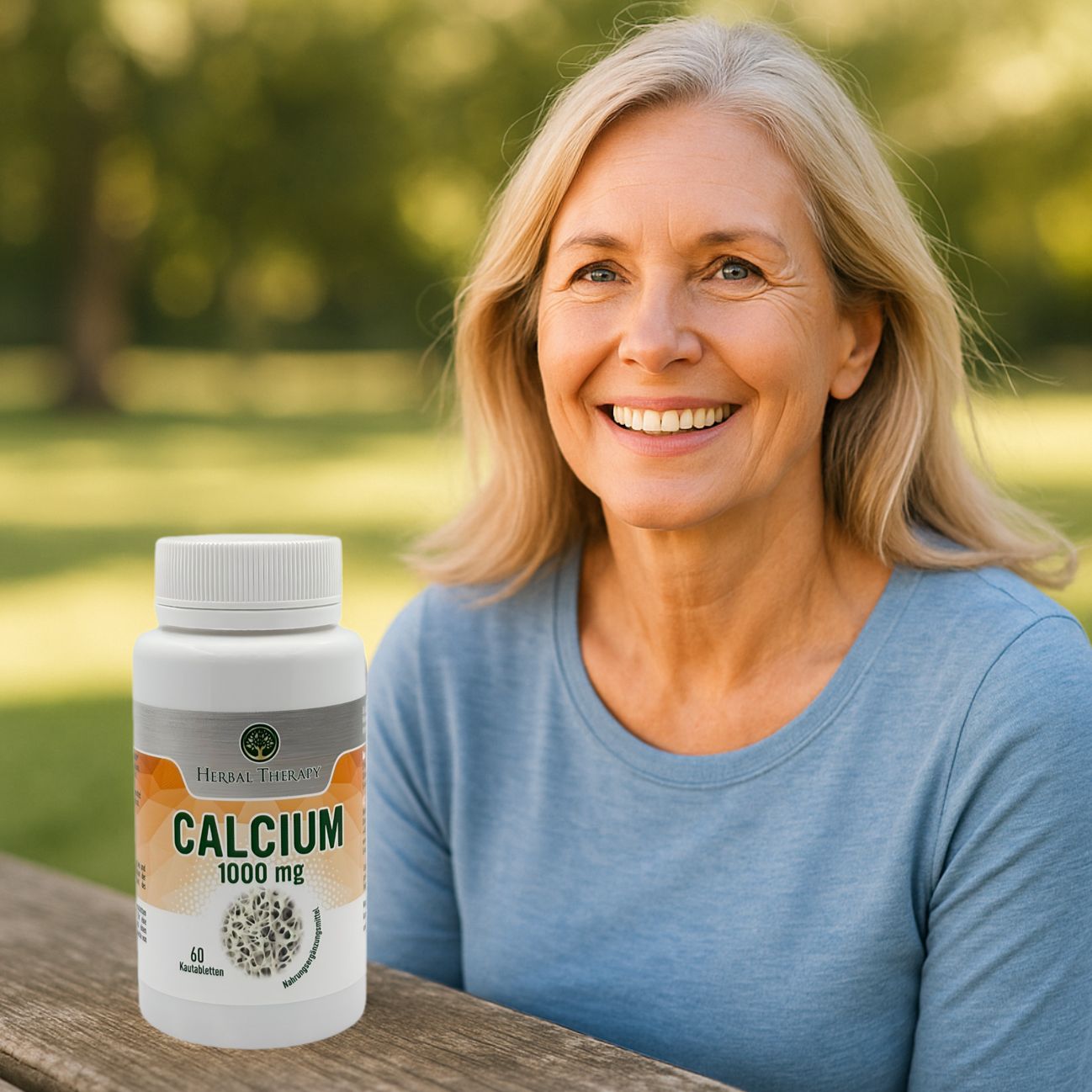 Ältere Frau hält Tablettenflasche. Aufschrift: Calcium 1000 mg, 60 Tabletten. Flasche auf einem Holztisch im Freien.