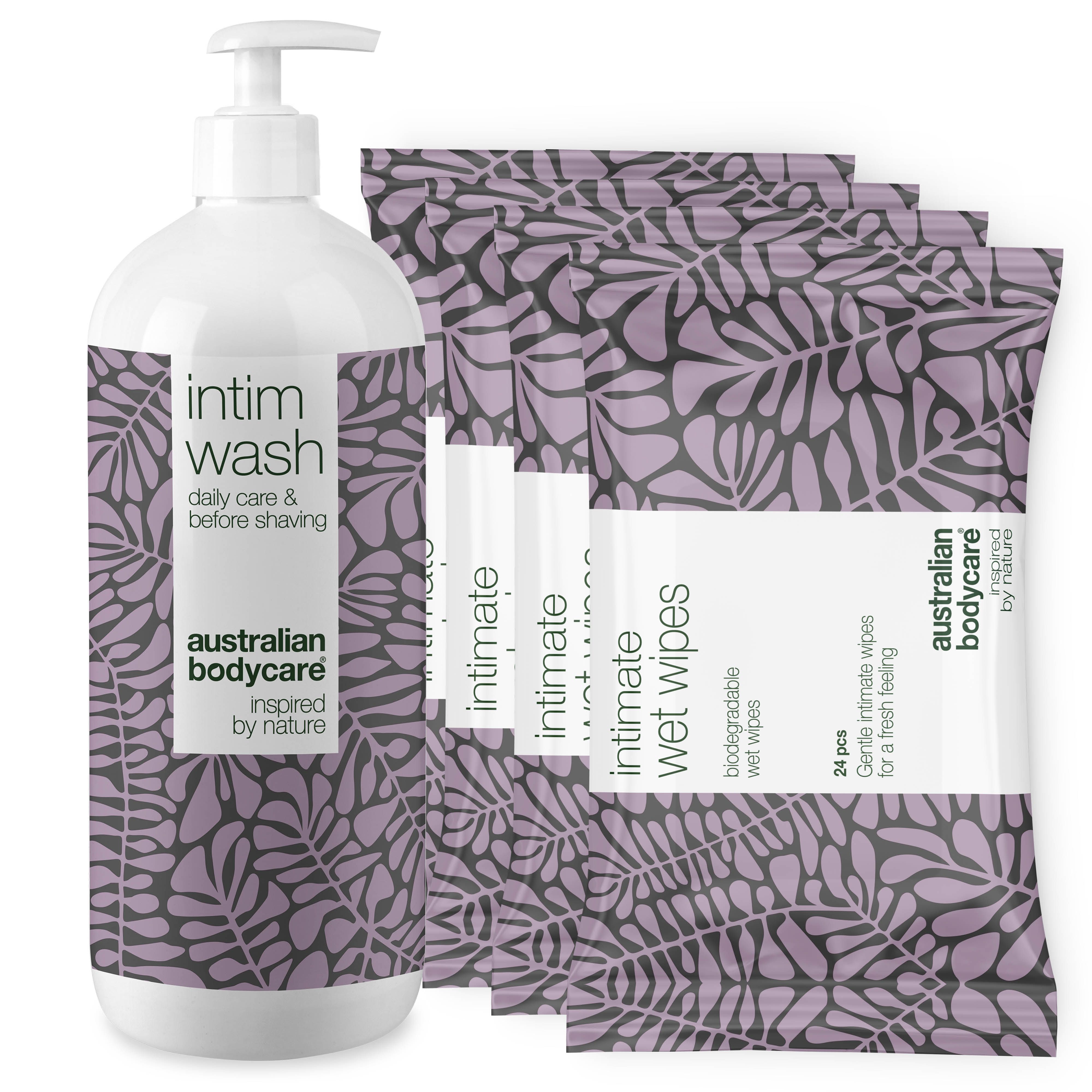 Flasche und Packungen Intimwaschmittel und Feuchttücher. Lila Muster. Weißer Spender. Australian Bodycare.