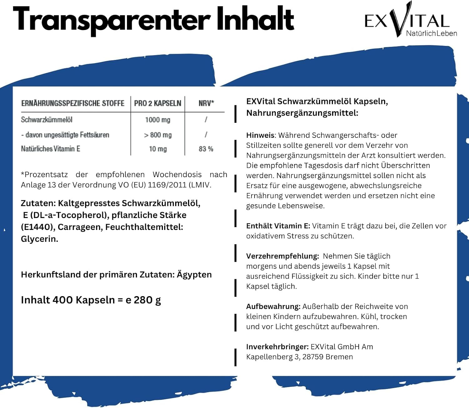 Infografik. Text: EXVital Schwarzkümmel Kapseln, Nahrungsergänzungsmittel. Inhaltsstoffe, Dosierung, Hinweise. 400 Kapseln = 280 g.