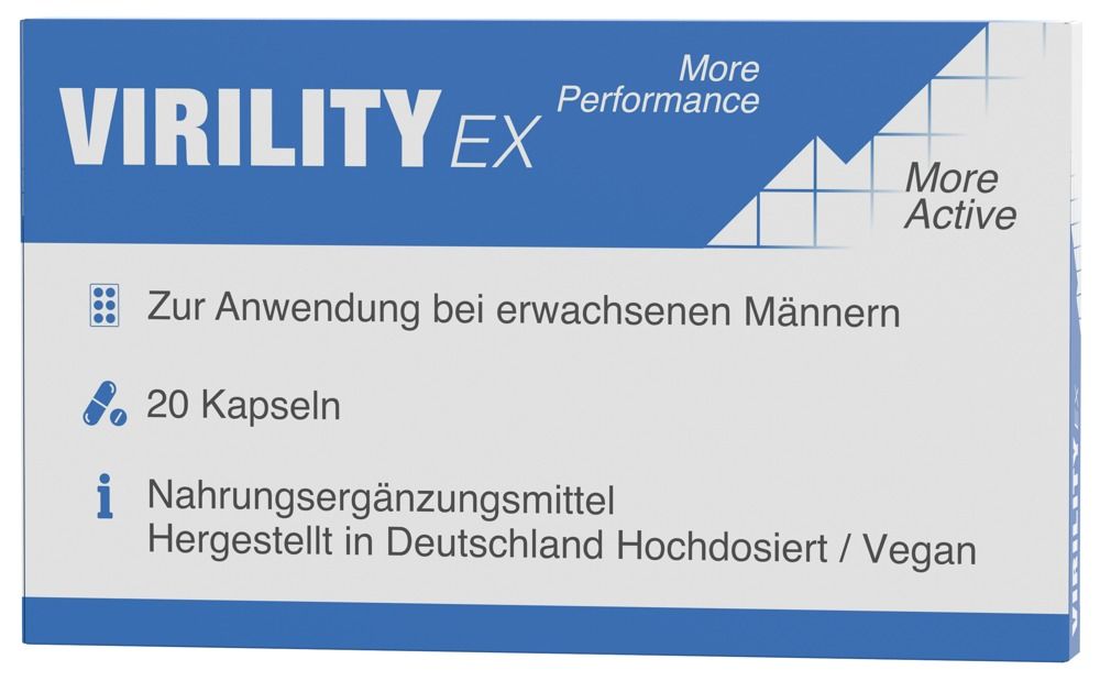 Weiße Schachtel mit blauer Schrift. Aufschrift: VIRILITY EX, 20 Kapseln. Enthält Informationen zur Anwendung und Inhaltsstoffe.