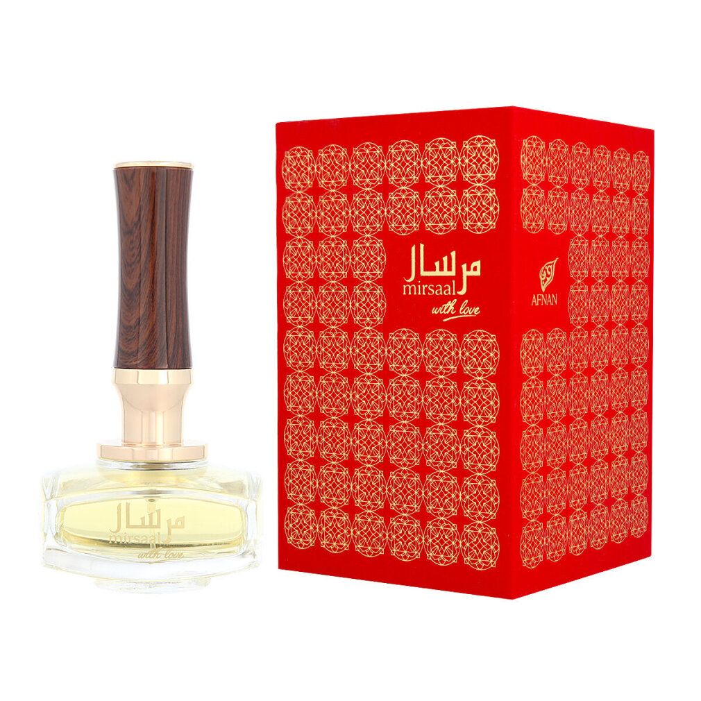 Parfümflakon mit Holzdeckel und goldfarbenem Hals, neben roter Schachtel. Arabische Schrift und 'with love' auf Flakon und Schachtel.