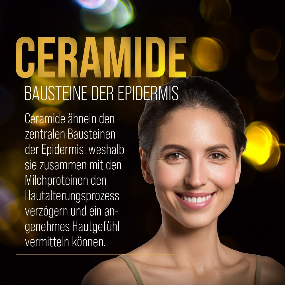Werbung mit dem Wort "CERAMIDE". Text: Ceramide ähneln den zentralen Bausteinen der Epidermis, weshalb sie mit Milchproteinen den Hautalterungsprozess verzögern.
