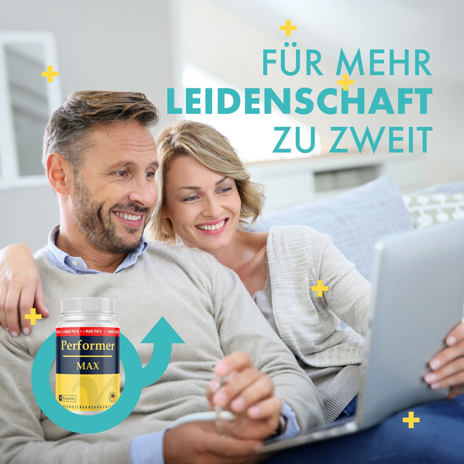 Paar am Laptop. Flasche Performer MAX. Aufschrift: Für mehr Leidenschaft zu zweit.