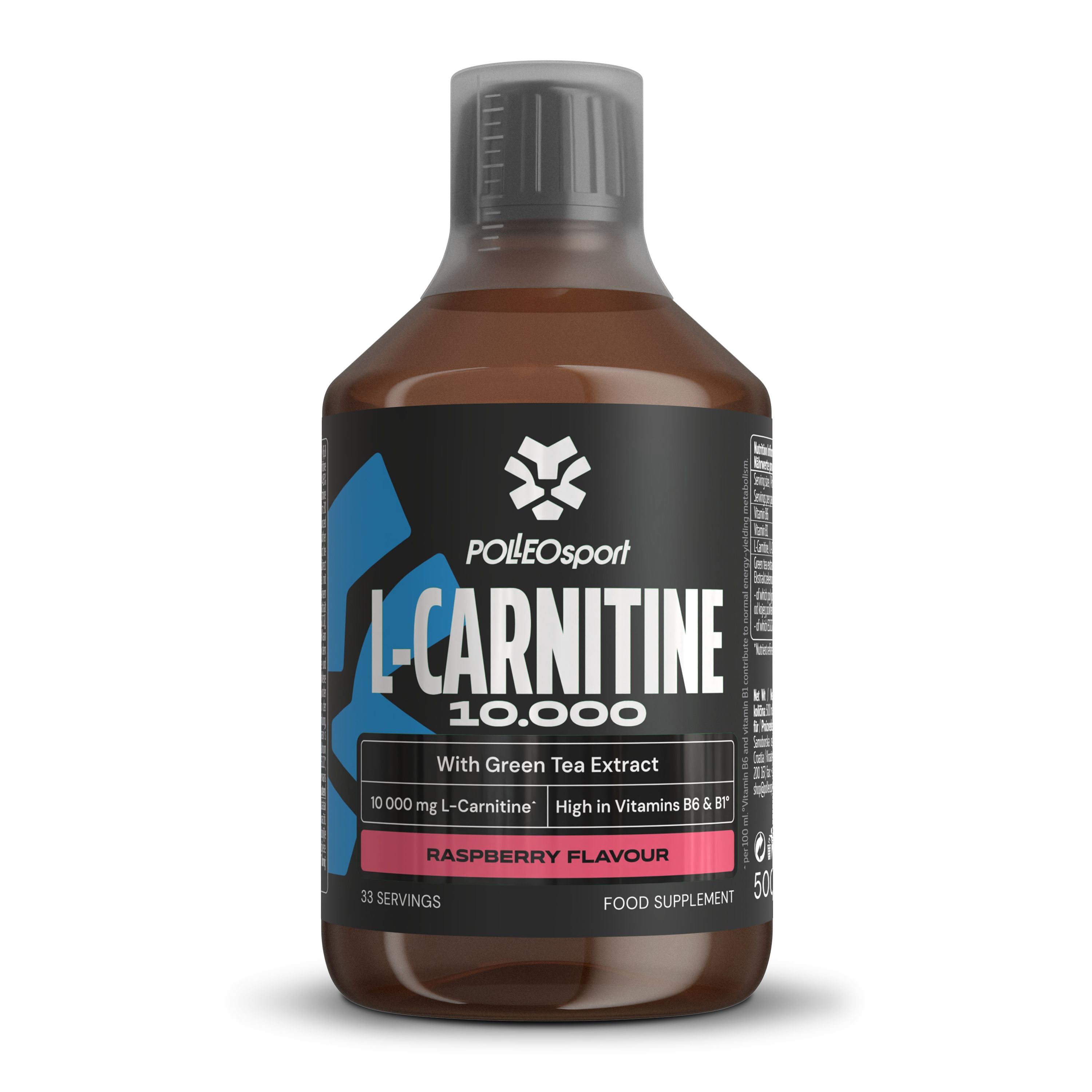 Flasche L-Carnitin 10.000 mit Himbeergeschmack, 500ml, mit Grüntee-Extrakt und Vitaminen B6 & B1.