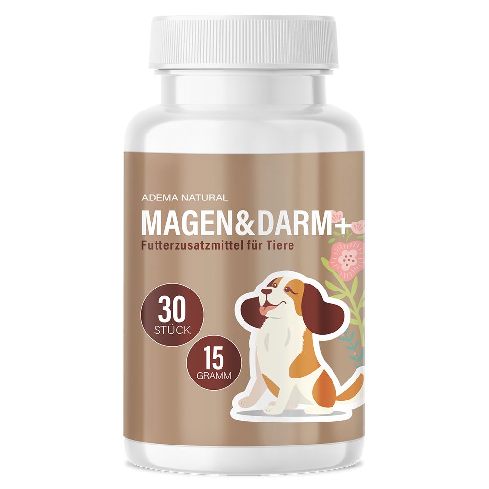 Tablettenflasche mit Etikett: ADEMA NATURAL Magen & Darm+. 30 Stück, 15 Gramm. Abbildung eines Hundes.