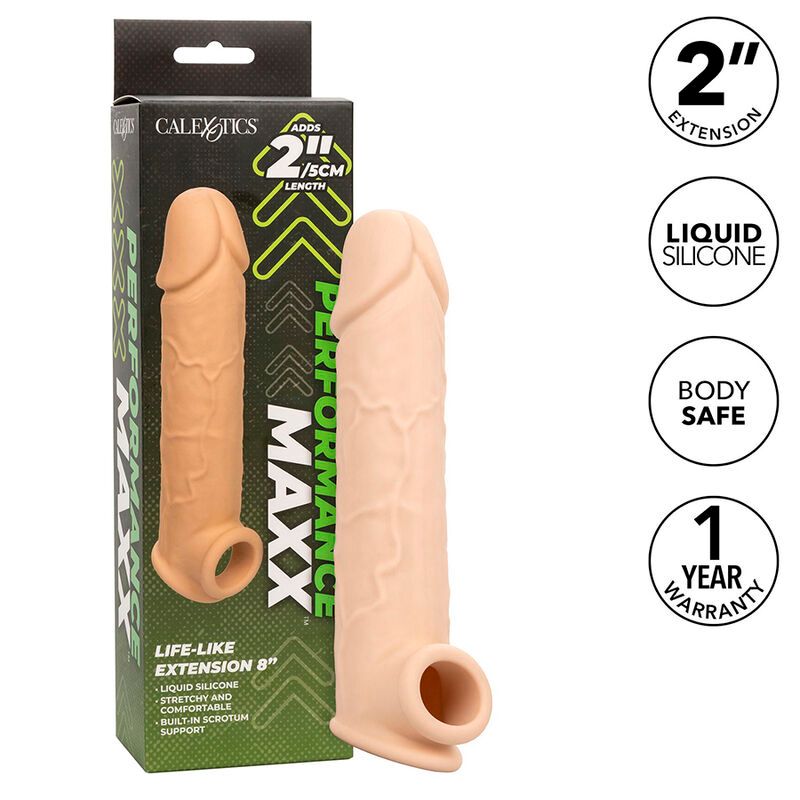 Realistische Penisverlängerung. Hautfarbenes Silikon. Verpackung mit Produktabbildung und Text: PERFORMANCE MAXX, 2" Verlängerung, 1 Jahr Garantie.