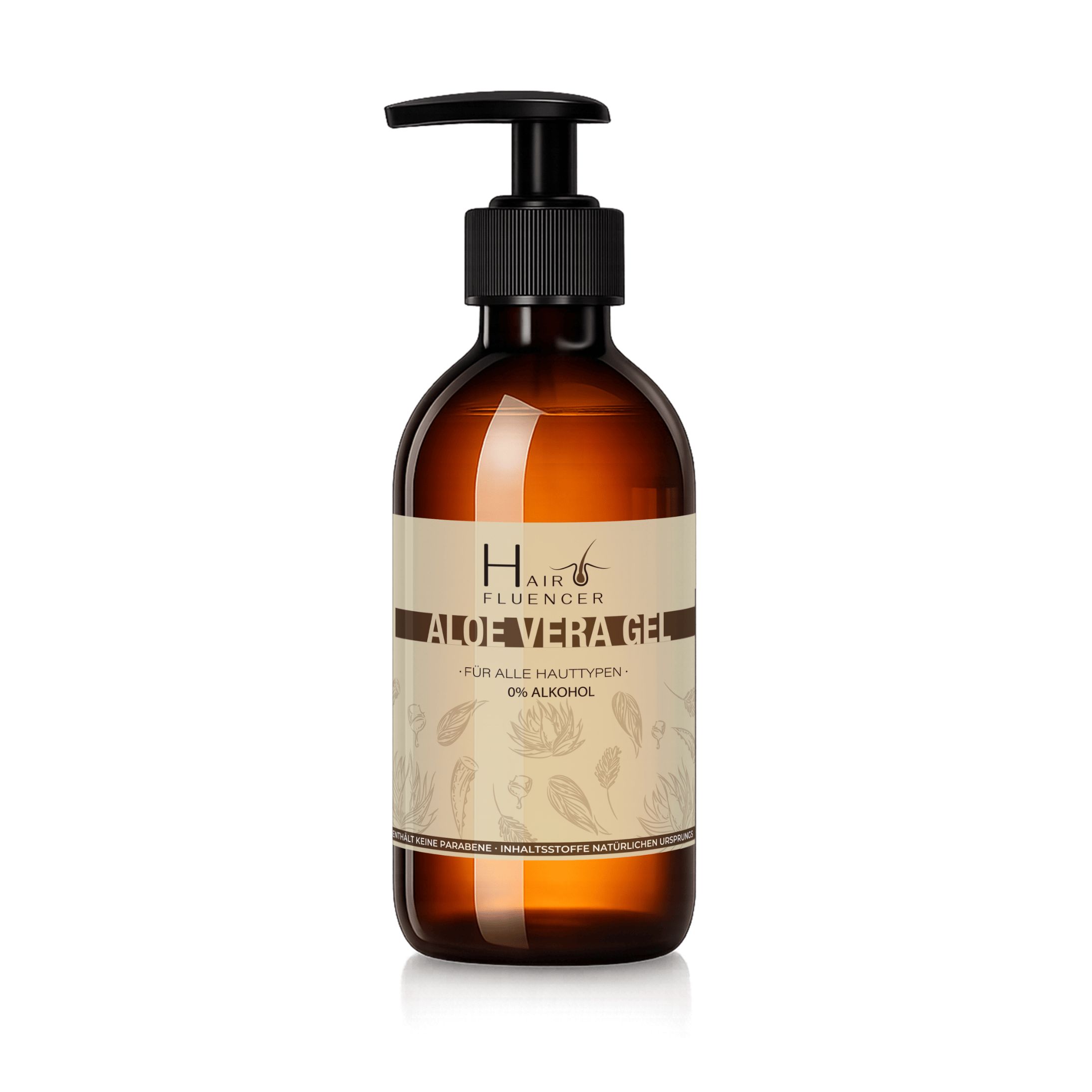Braune Flasche mit schwarzem Pumpkopf. Aufkleber mit Produktinformationen und Logo. Aloe Vera Gel.