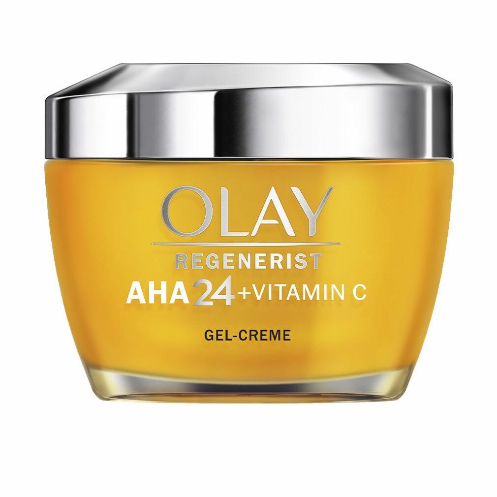 Olay Regenerist AHA 24 + Vitamin C Gel-Creme. Gelbe Creme in Glas, silberner Deckel. Produktname und Informationen.