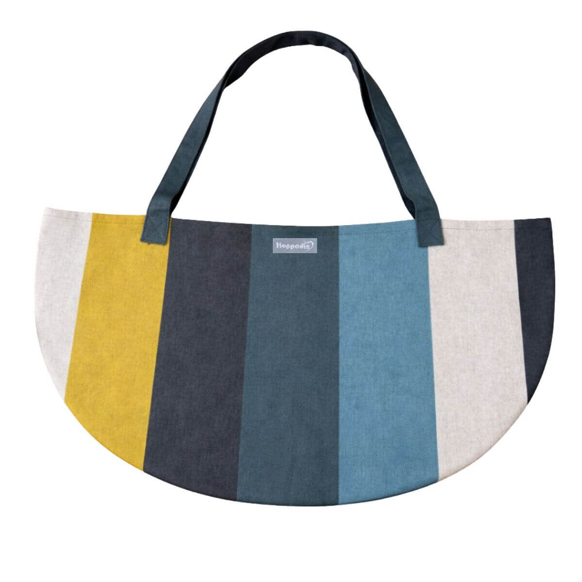 Halbkreisförmige Tasche mit farbigen Streifen. Dunkelblauer Griff. Logo: Hoppediz.