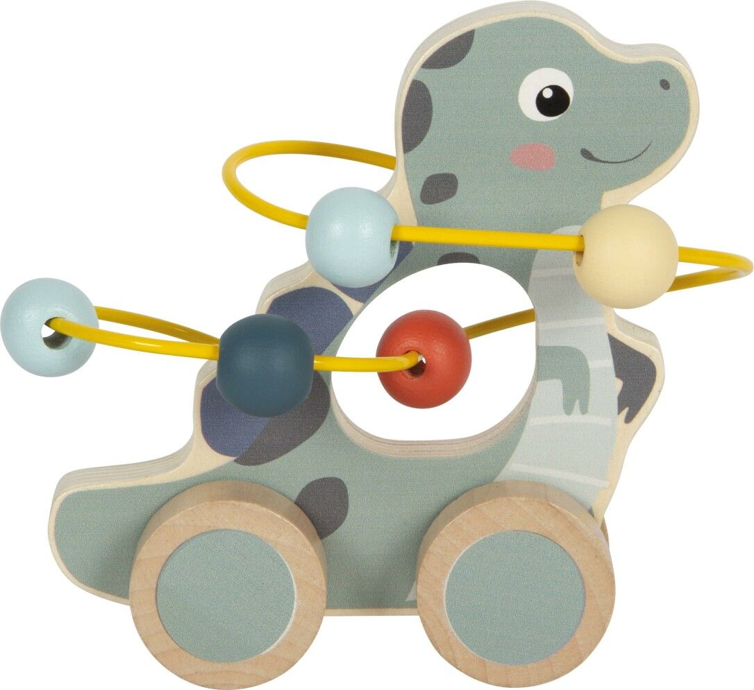 Holz-Dino mit Motorikschleife. Hellgrün, gelb, blau, rot und beige. Mit Rädern. Holzspielzeug.