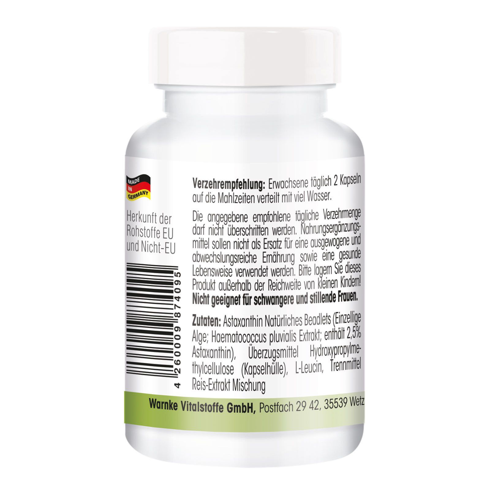 Rückseite der Flasche. Text: Verzehrempfehlung, Zutaten, Warnke Vitalstoffe GmbH. Barcode und Herkunftsangabe EU/Nicht-EU.