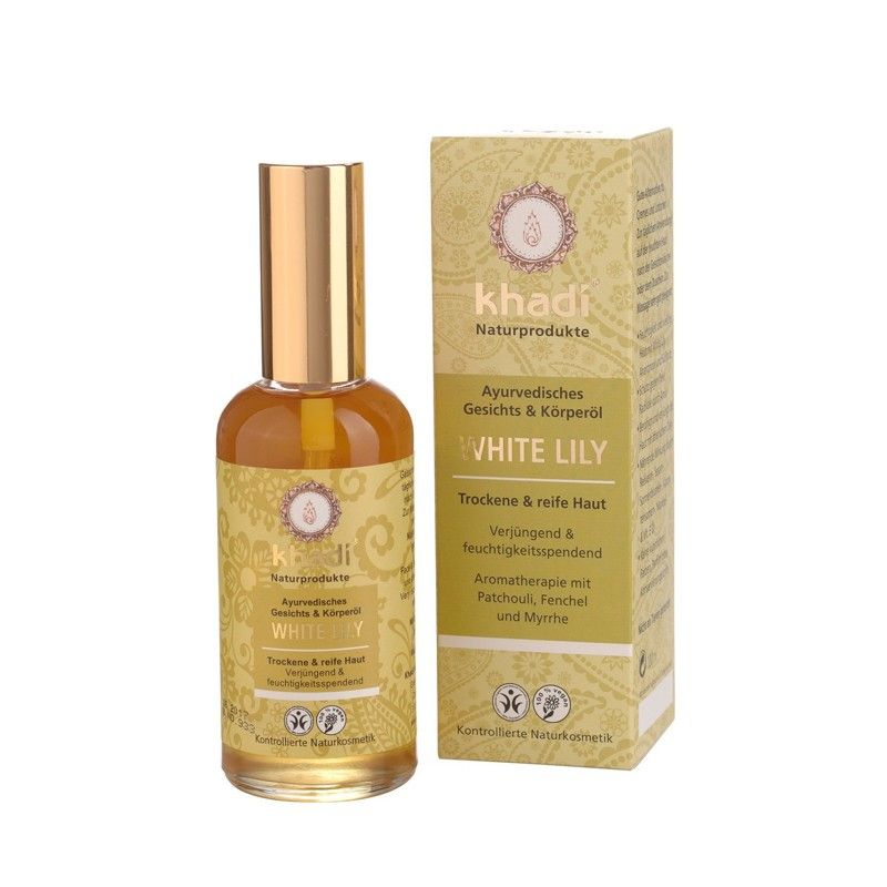 Gesichts- und Körperöl White Lily von Khadi. Flasche und Verpackung. Goldfarbener Deckel. Aufschrift: White Lily, für trockene Haut.