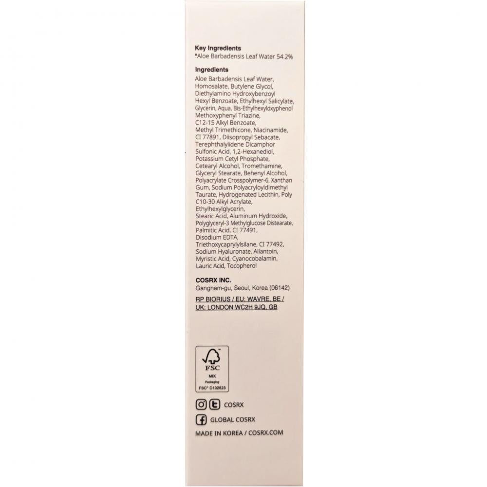 Rückseite der COSRX Aloe 54.2 Aqua Tone-up Sonnencreme Verpackung mit Inhaltsstoffen.