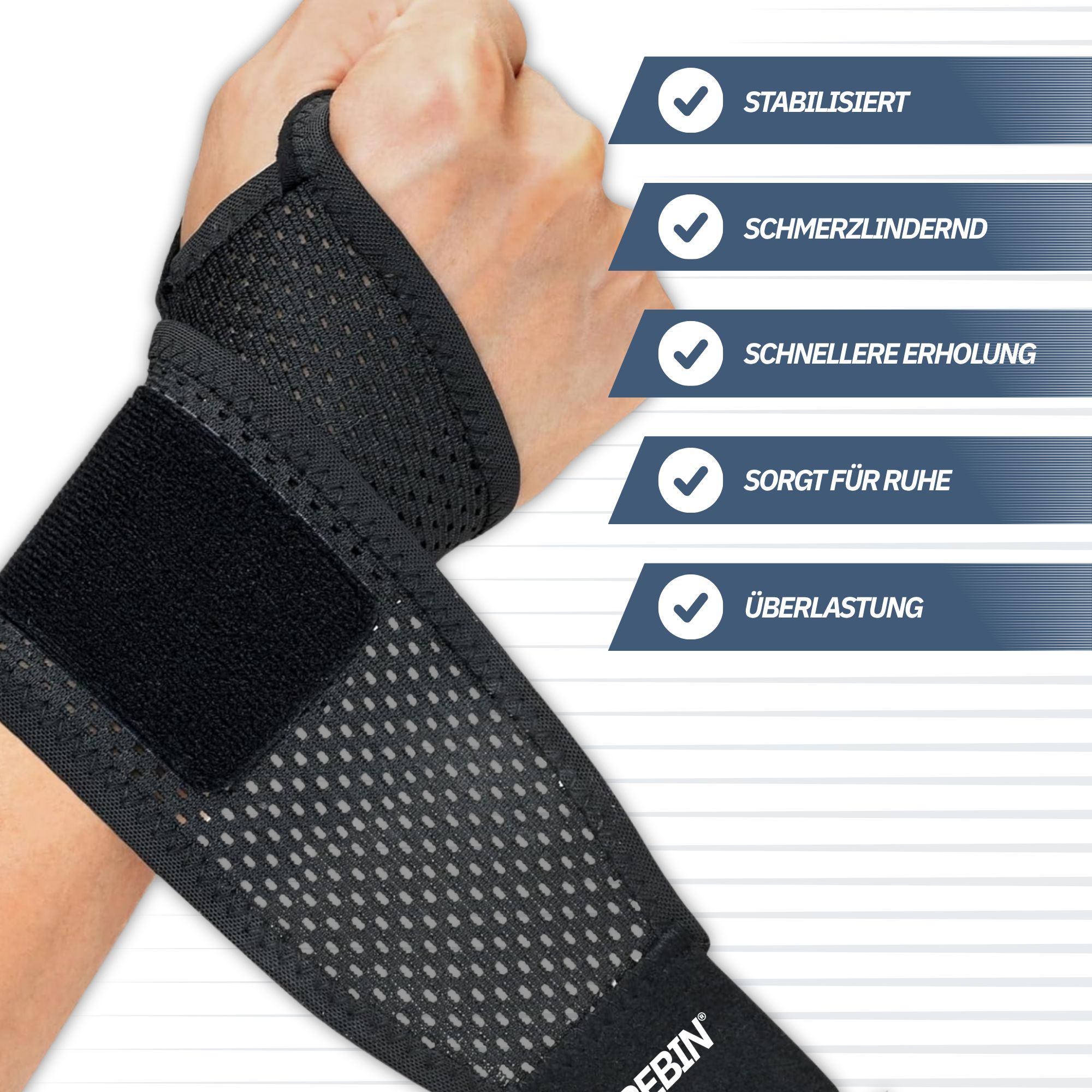 Handgelenkbandage mit atmungsaktivem Material, gezielter Kompression und starkem Klett.