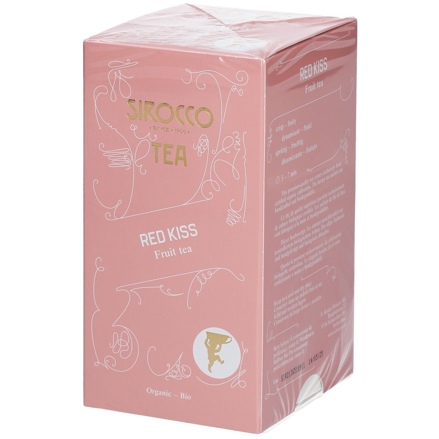 Verpackte rosa Schachtel "Sirocco Tea Red Kiss". Organisch-Bio-Logo. Goldene Schrift.