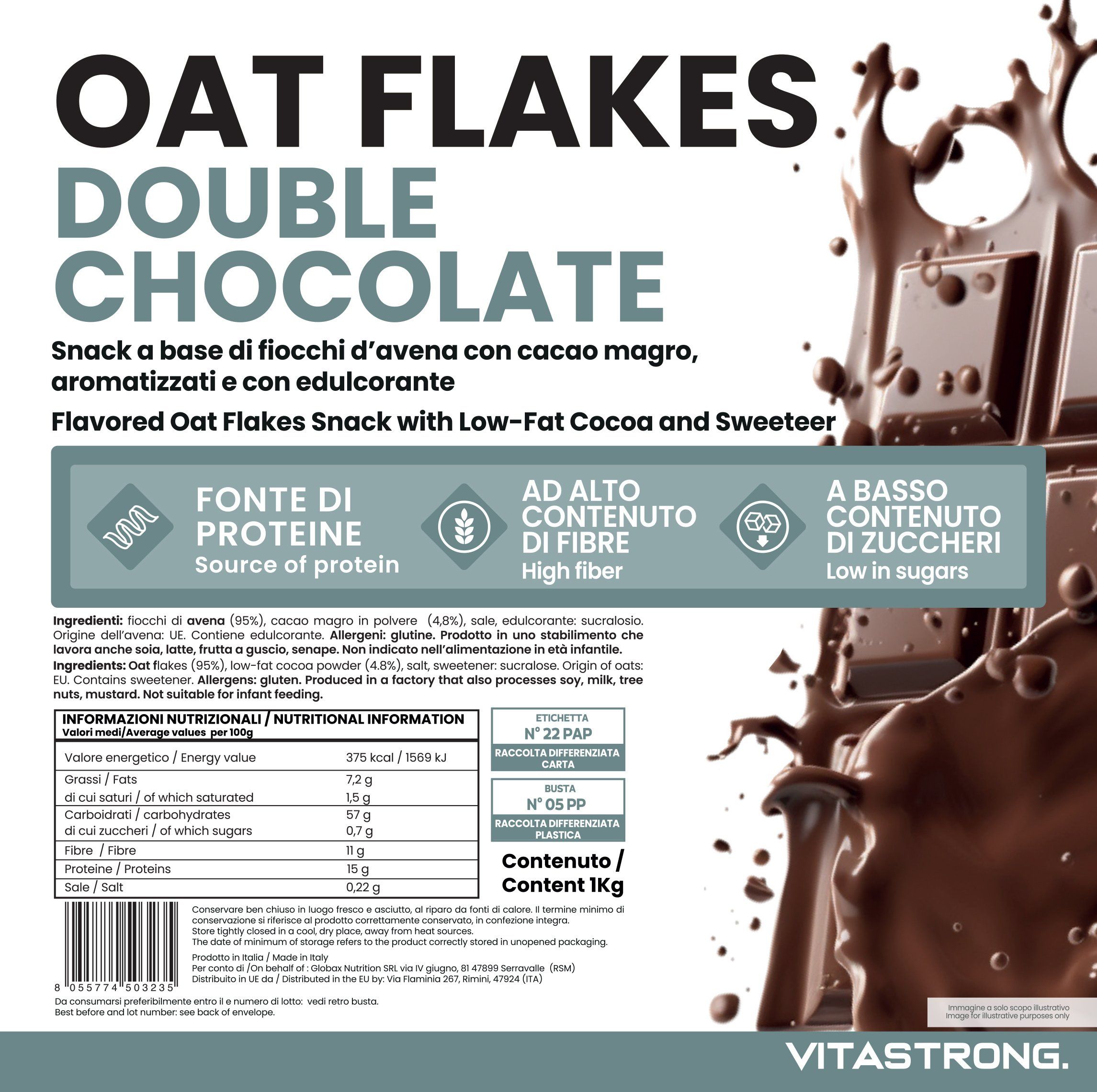 Verpackung von Oat Flakes Double Choco. Text: Quelle für Protein, hoher Ballaststoffgehalt, zuckerarm. Zutatenliste und Nährwertangaben.