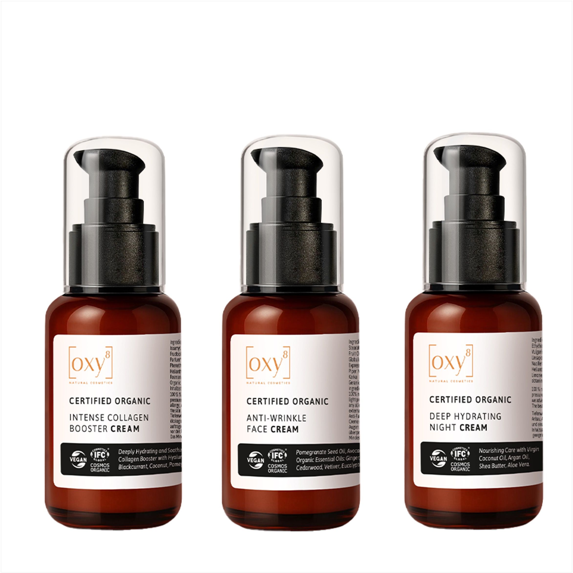 Drei OXY8 Naturkosmetik Tiegel mit Pumpspendern: Collagen Booster, Anti-Falten Gesichtscreme, Nachtcreme.