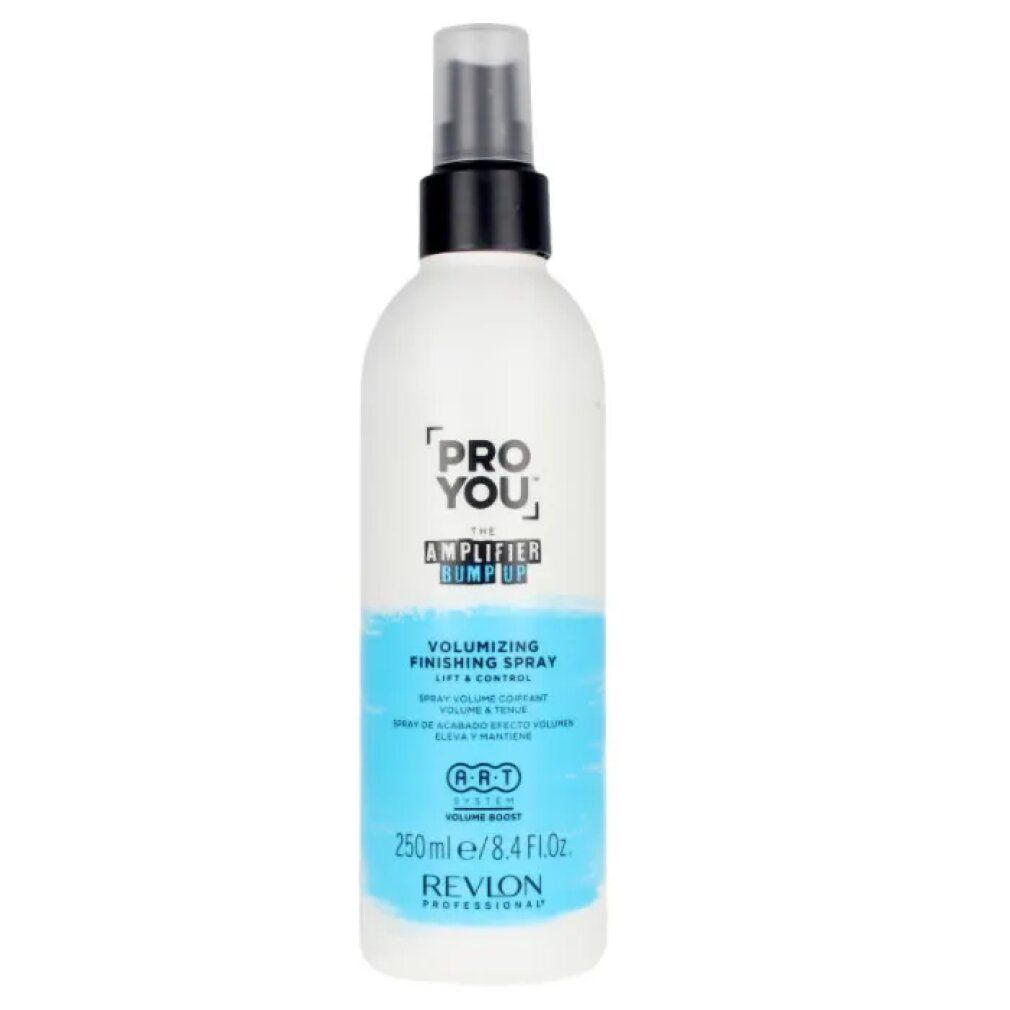 Haarspray-Flasche. Weiß, mit blauem Etikett. Enthält Text: PRO YOU, THE AMPLIFIER BUMP UP, VOLUMIZING FINISHING SPRAY, REVLON PROFESSIONAL.