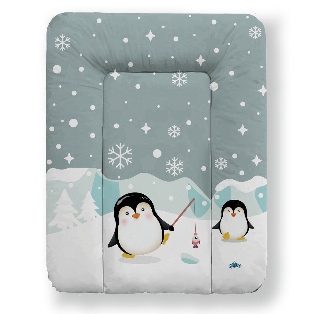 Fascia-Matte mit Pinguin-Motiv. Hellblau mit Schneeflocken. Rechteckig mit erhöhten Rändern. Zwei Pinguine.