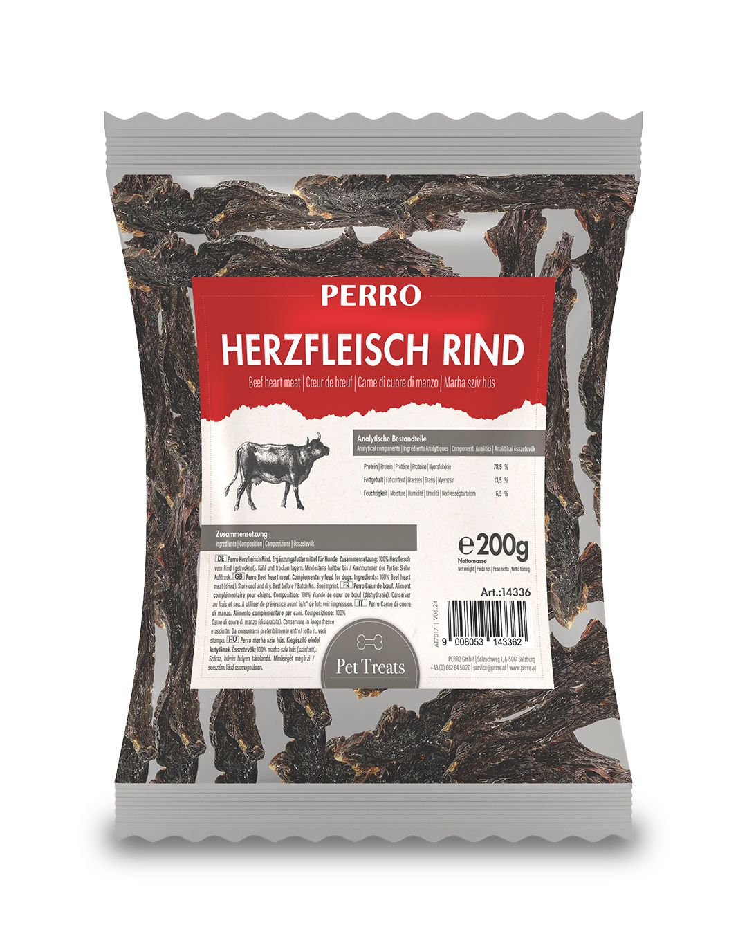 Verpackung mit PERRO Herzfleisch Rind Kausnack für Hunde. Rote Schrift mit Produktbezeichnung. Enthält getrocknete Fleischstücke. 200g.