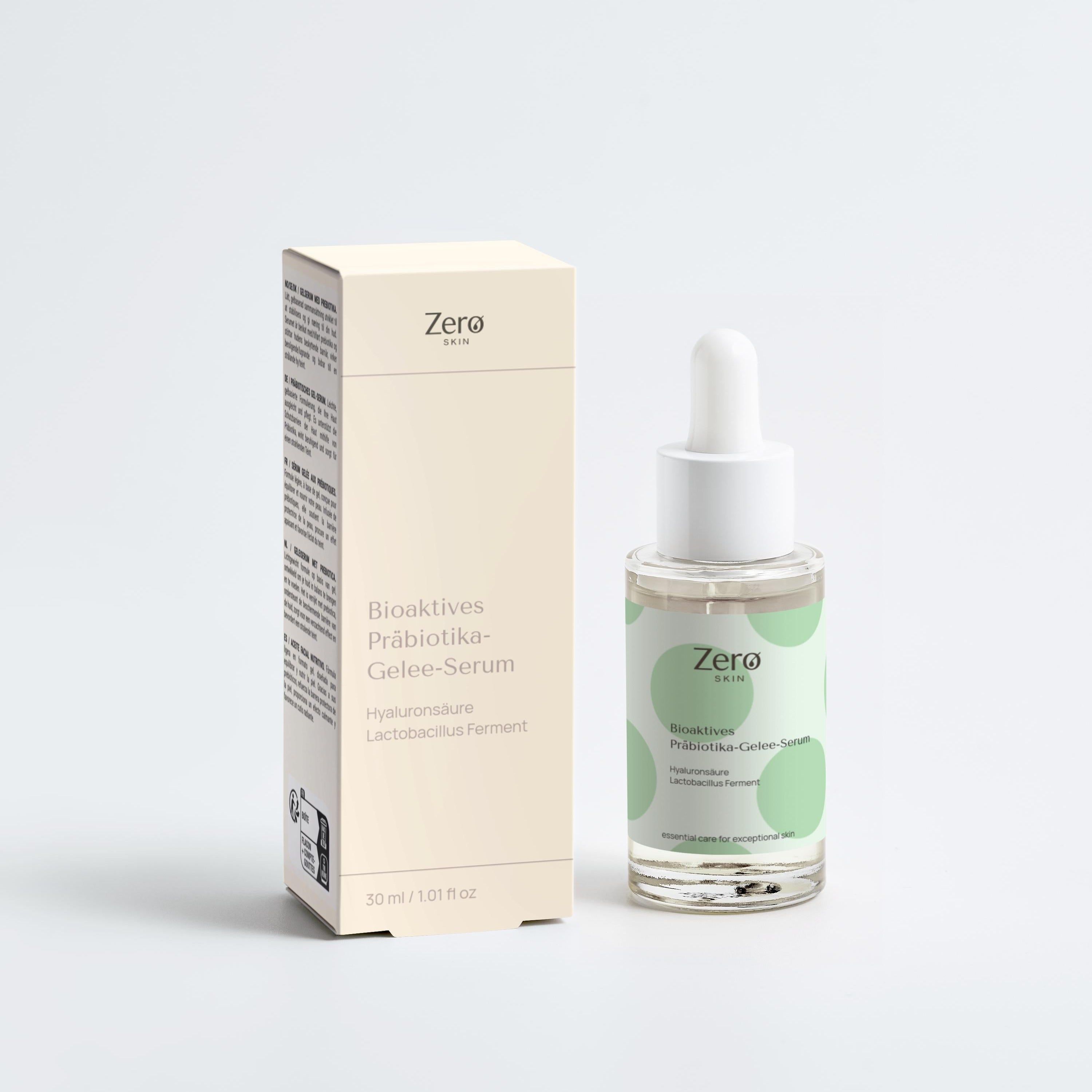 Zero Skin Serumflasche und Verpackung auf weißem Hintergrund.