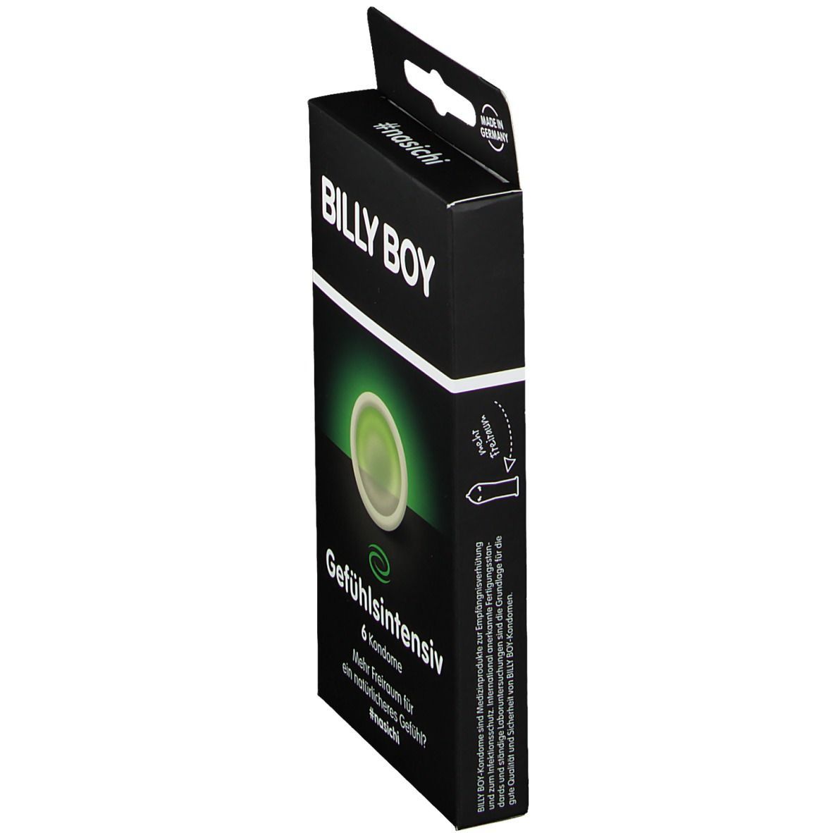 Schwarze Verpackung BILLY BOY. 6 Kondome Gefühlsintensiv. Made in Germany. Kondom-Illustration.