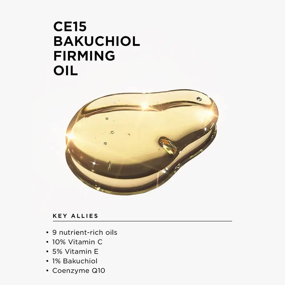 Tropfen Öl mit Produktnamen und Inhaltsstoffen. Auf weißem Hintergrund.