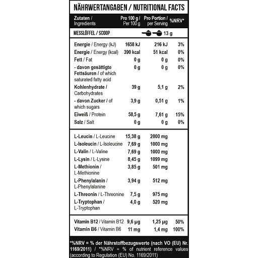 Nährwertangaben für ein Pulverprodukt mit Aminosäuren.