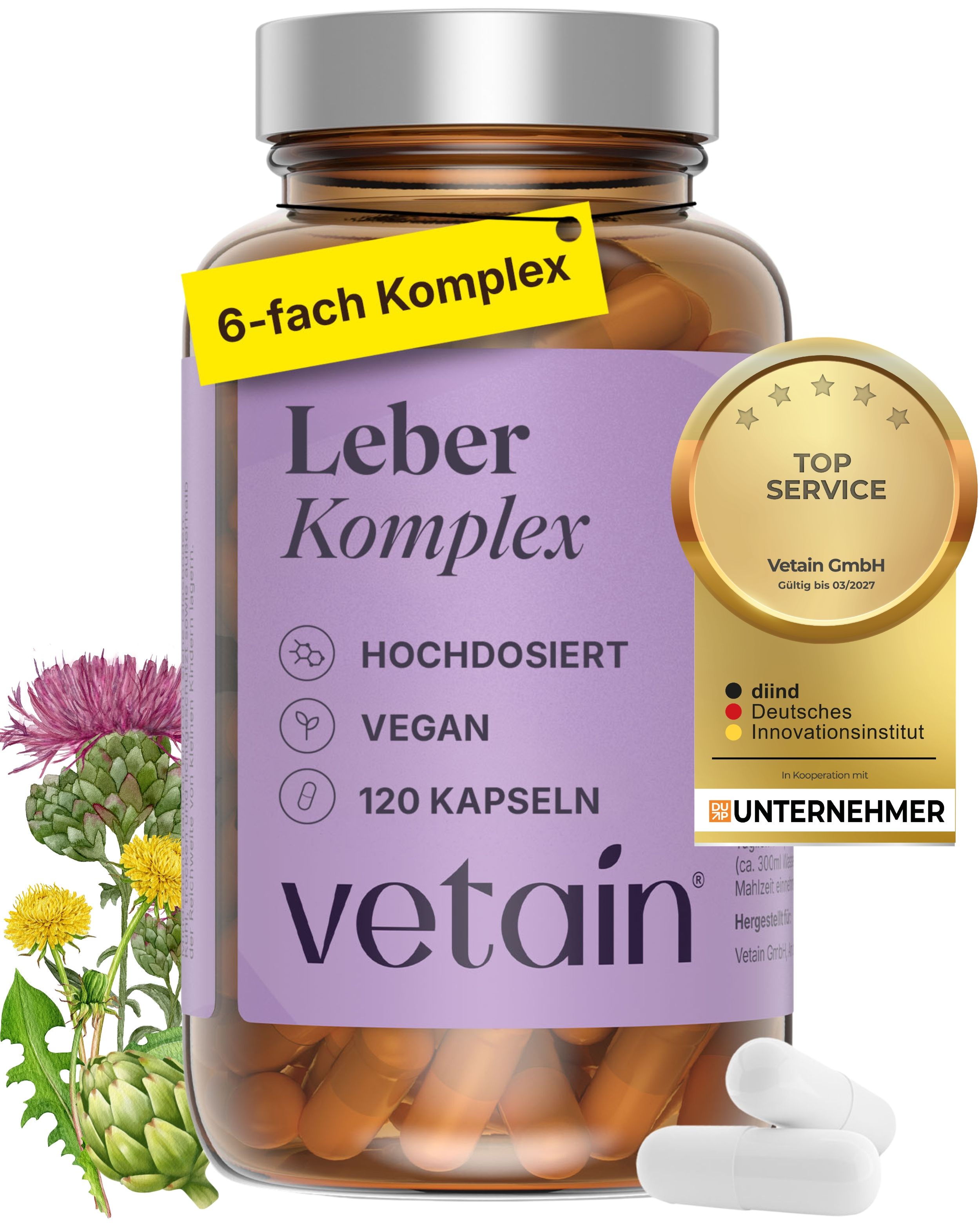 VETAIN Leber Komplex Flasche mit 120 Kapseln, Mariendistel, Cholin, Artischocke. Auszeichnungen: Top Service, Deutsches Innovationsinstitut.
