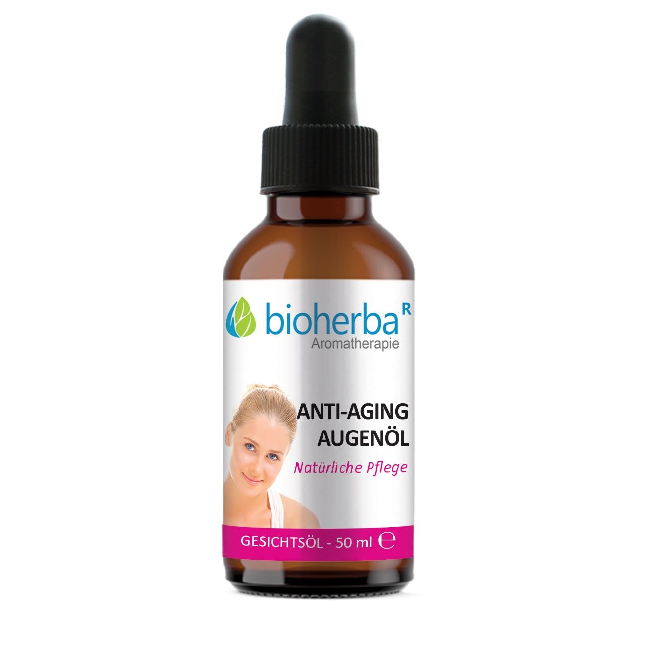 Braune Glasflasche mit Pipette. Etikett mit Bioherba Logo und Produktbezeichnung: Anti-Aging Augenöl.