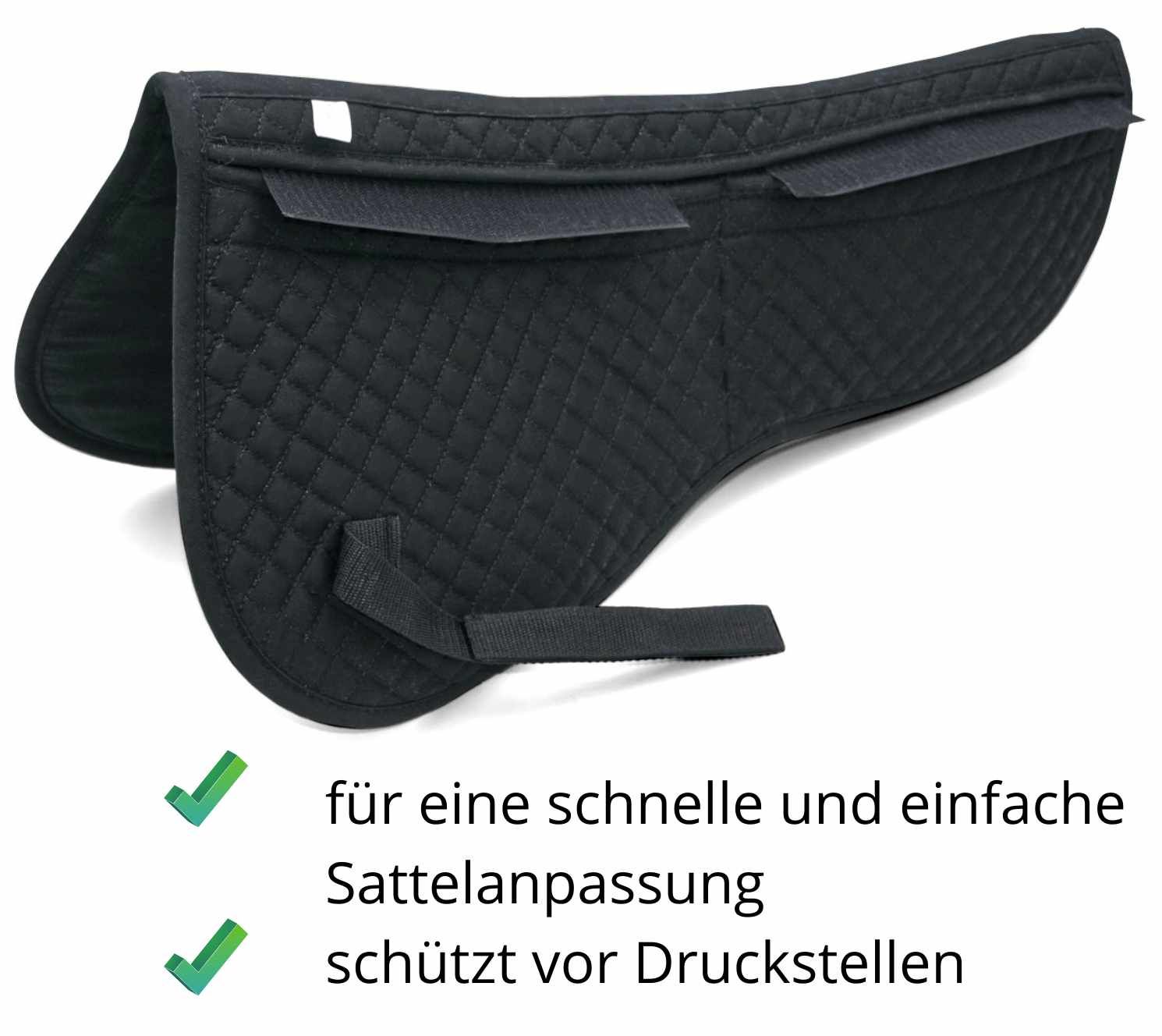 Schwarzes Pad mit Klettverschlüssen. Text: für eine schnelle und einfache Sattelanpassung, schützt vor Druckstellen.