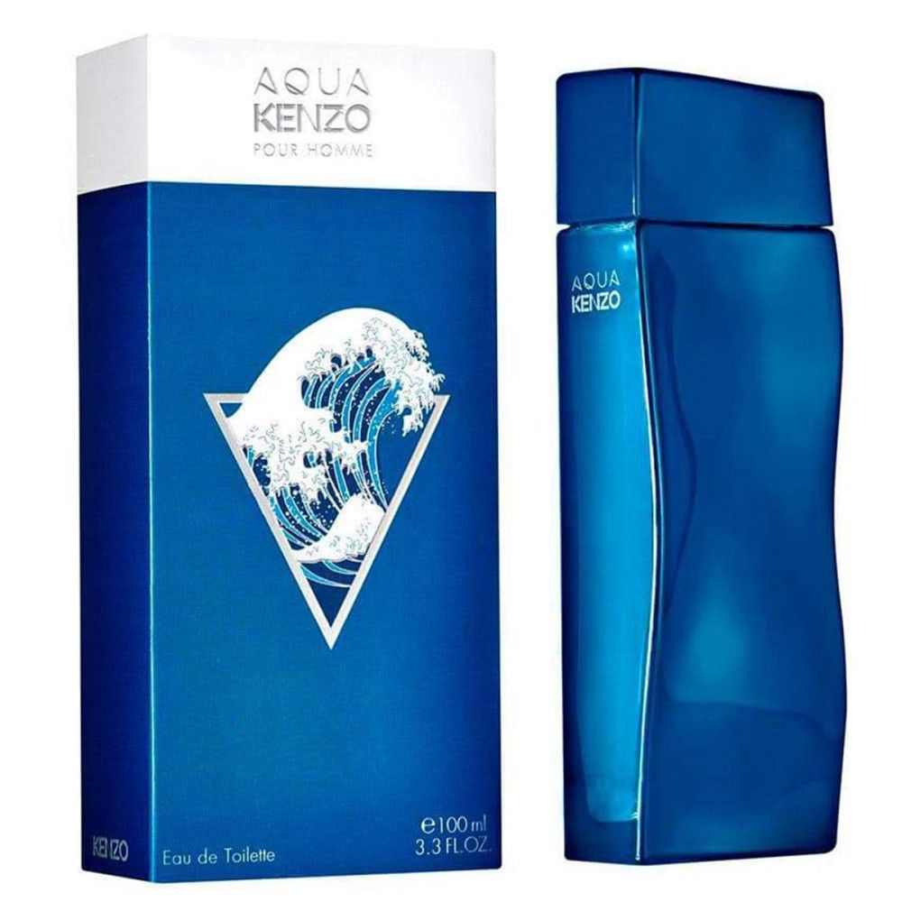 Blaues Kenzo Aqua Pour Homme Eau De Toilette Spray mit Verpackung. Flakon und Verpackung zeigen Wellenmotiv und Logo.