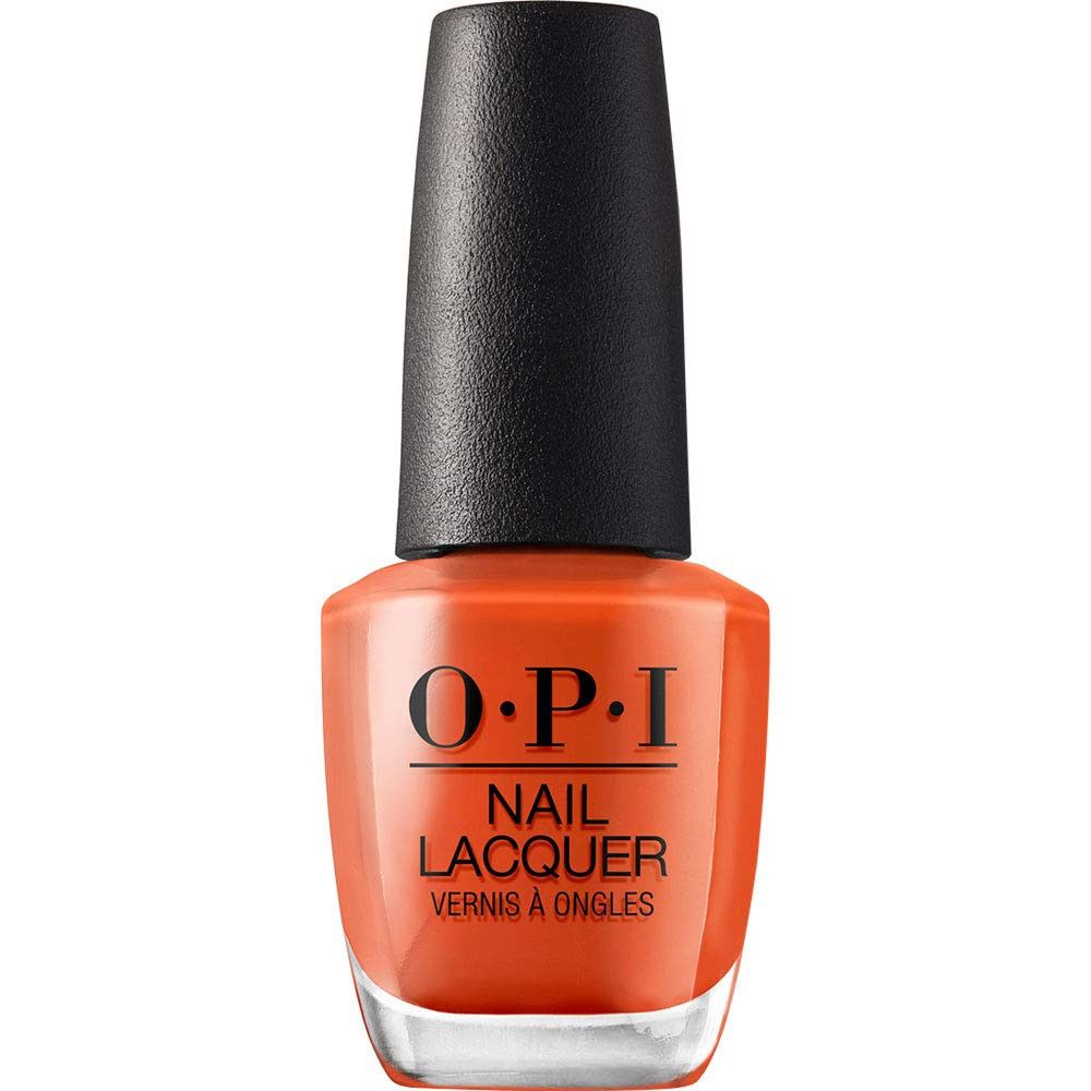 OPI Nagellacke Flasche, orange. Schwarzer Deckel, Produktname.