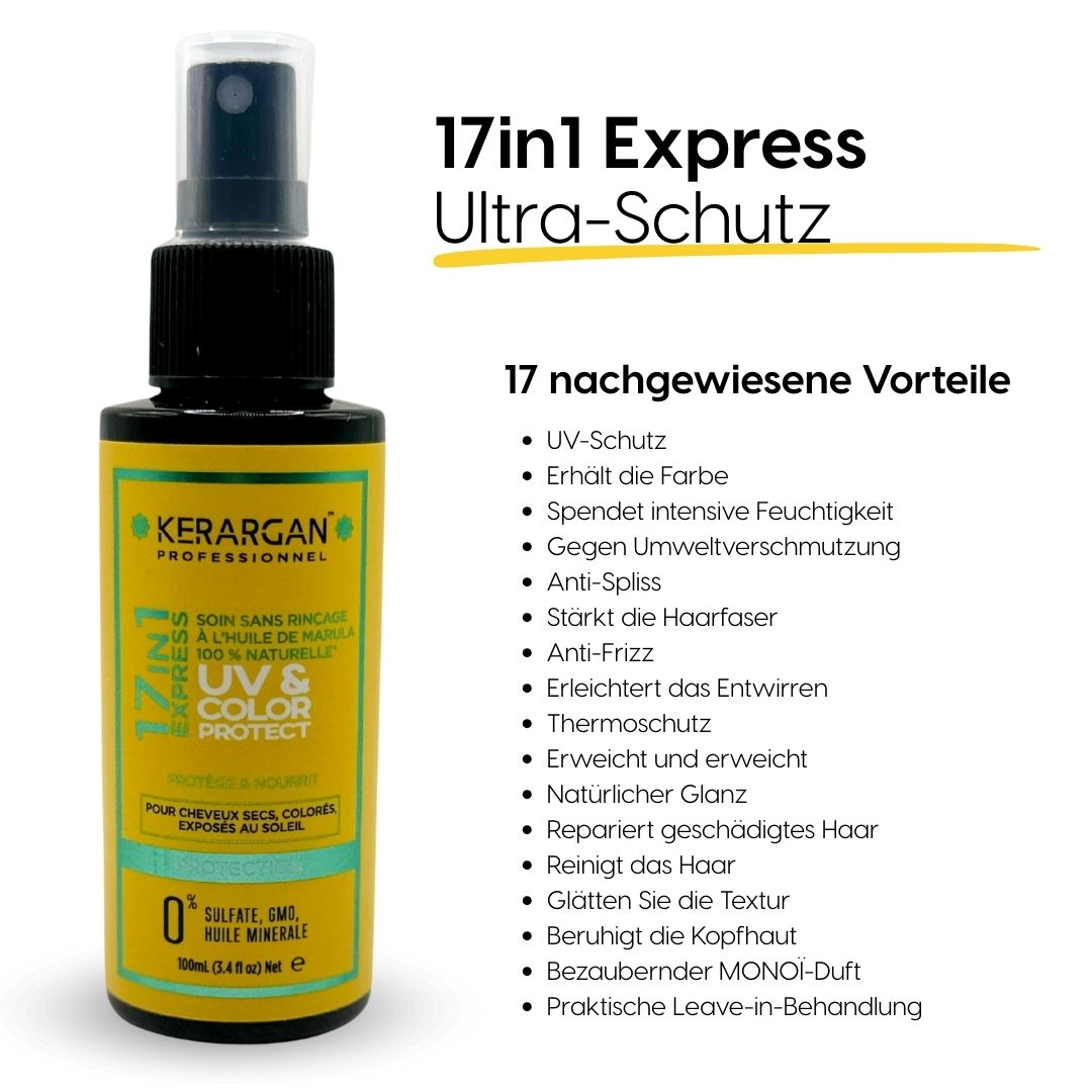 Kerargan UV & Color Protect. Flasche mit Sprühkopf. Text: 17in1 Express Ultra-Schutz. 17 Vorteile. Gelbes Etikett.