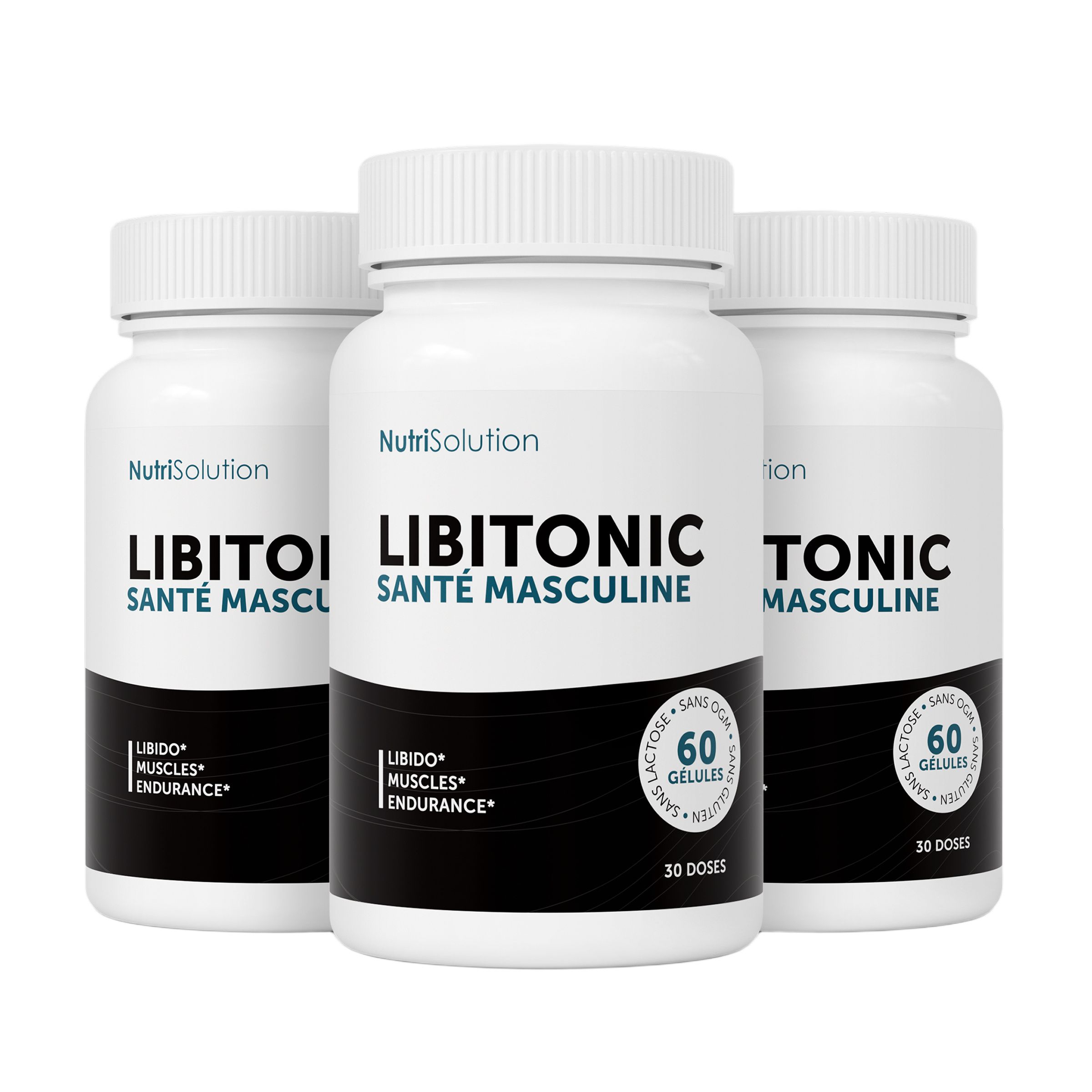 Drei Flaschen NutriSolution LibiTonic für männliche Gesundheit.