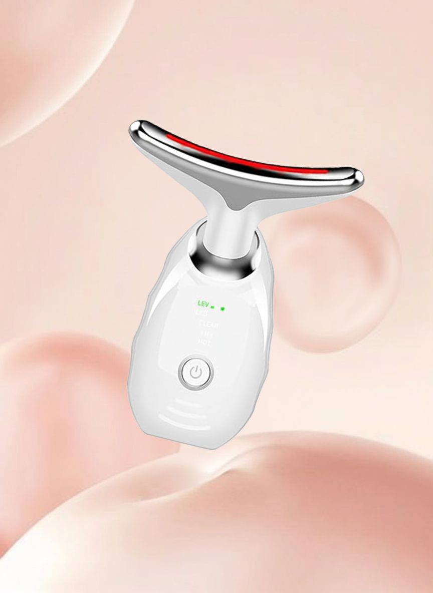 Weißes Gerät mit gebogenem Kopf, auf einem rosa Hintergrund. Roter Lichtstreifen am Kopf, LED-Anzeige. Abgerundete Formen.