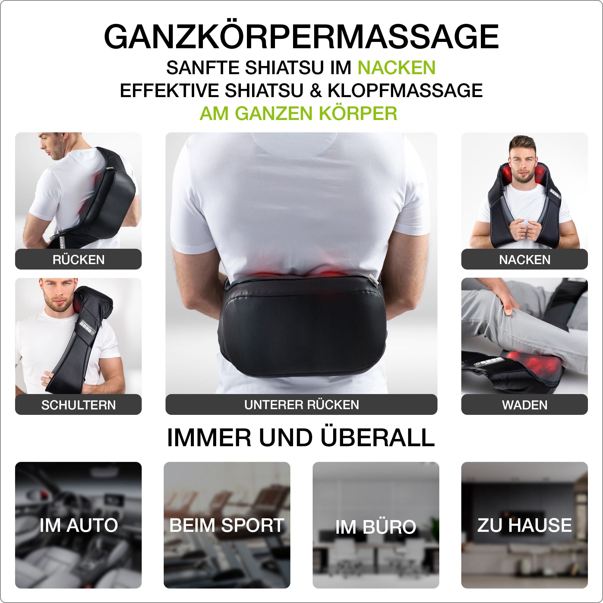 Illustrationen zur Ganzkörpermassage. Anwendungen: Rücken, Schultern, unterer Rücken, Waden. Einsatzorte: Auto, Sport, Büro, Zuhause.