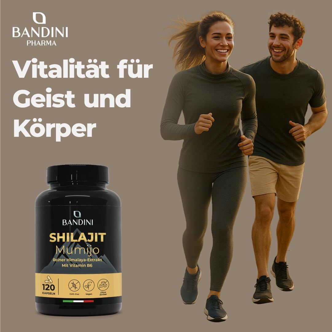 Schwarze Bandini Shilajit Mumijo Kapseln-Dose. Aufschrift: 120 Kapseln. Zwei Personen joggen im Hintergrund.
