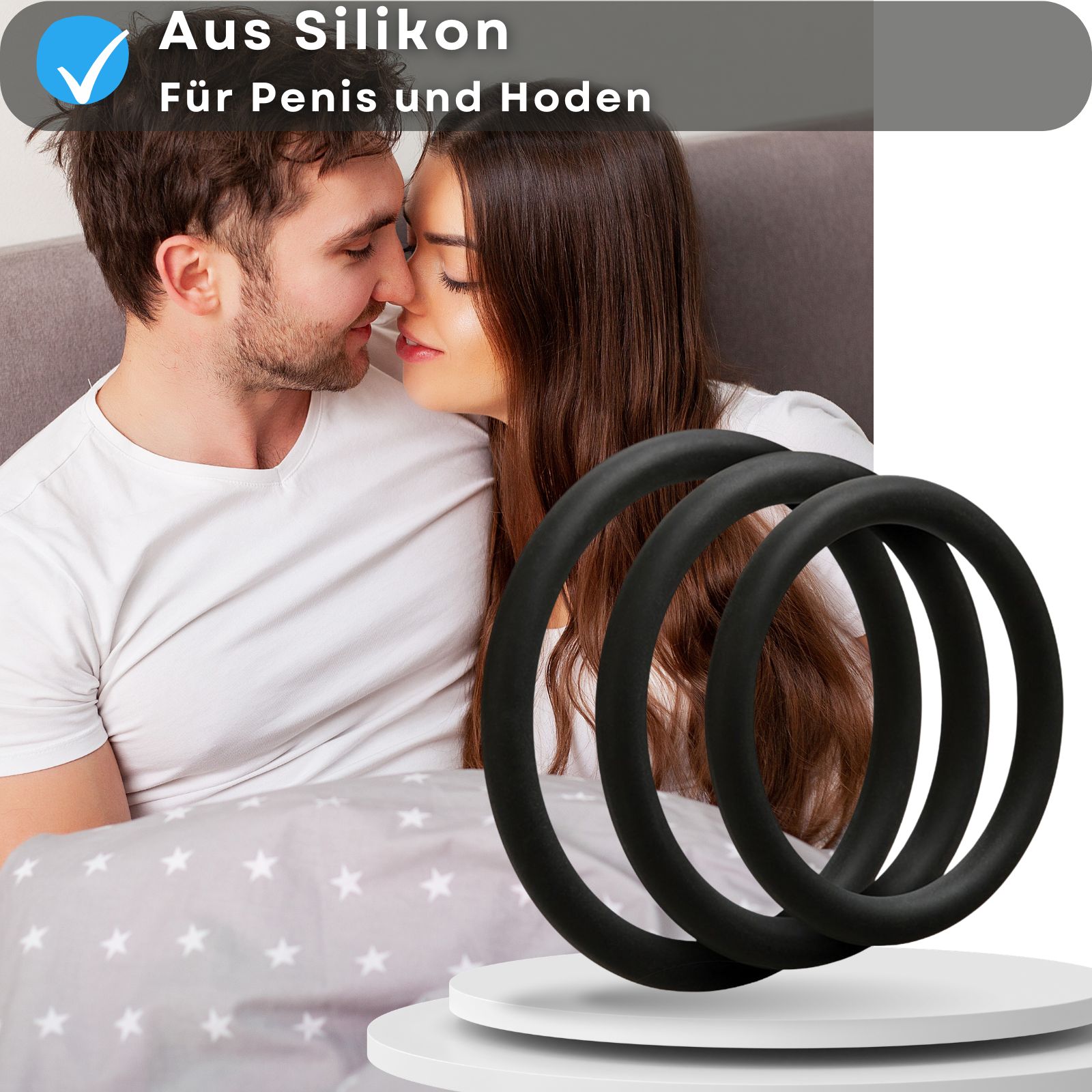 Produktabbildung mit drei schwarzen Penisringen und Text: Aus Silikon, für Penis und Hoden.