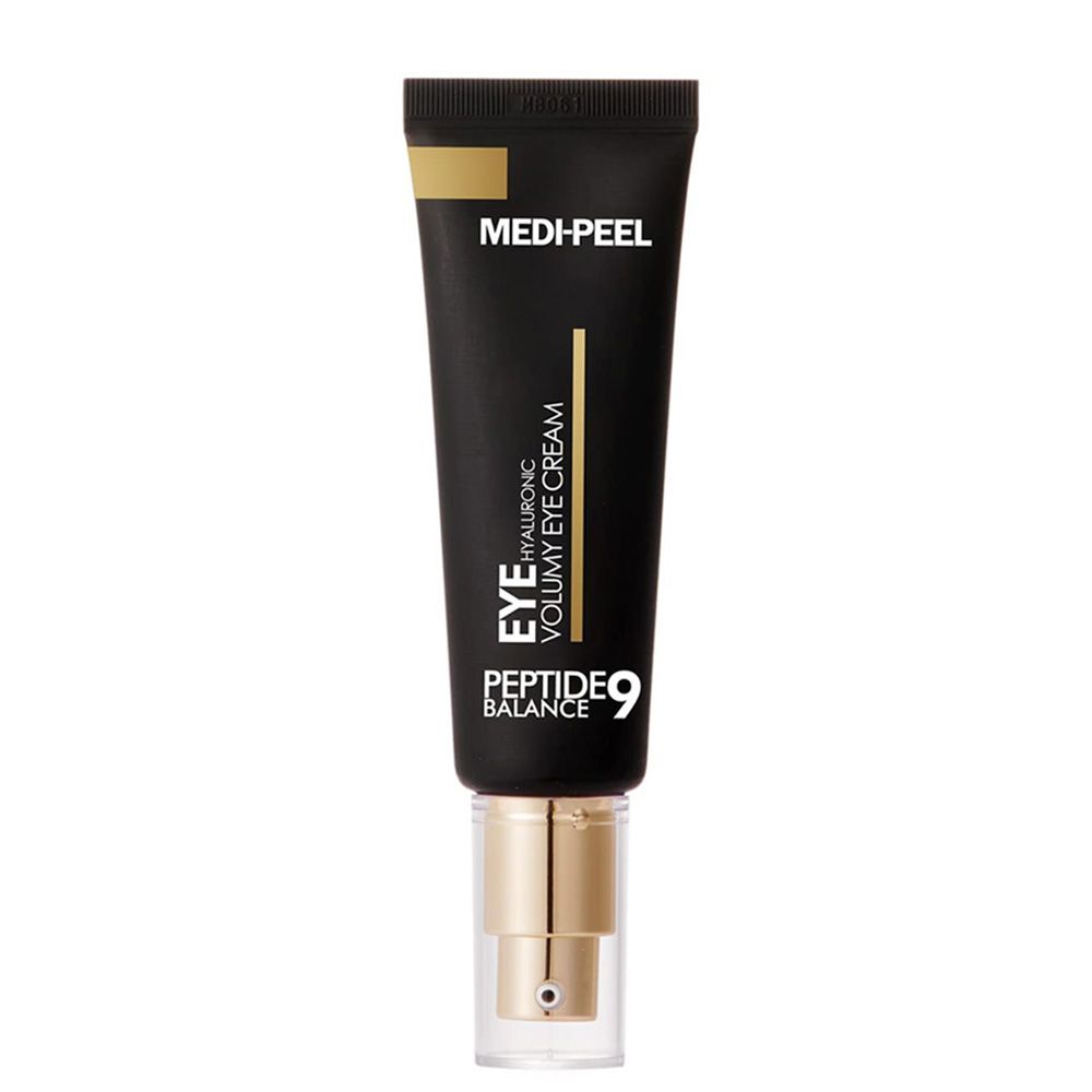 Schwarze Tube mit goldener Kappe und Aufschrift: MEDI-PEEL PEPTIDE 9 HYALURONIC VOLUMY EYE CREAM.