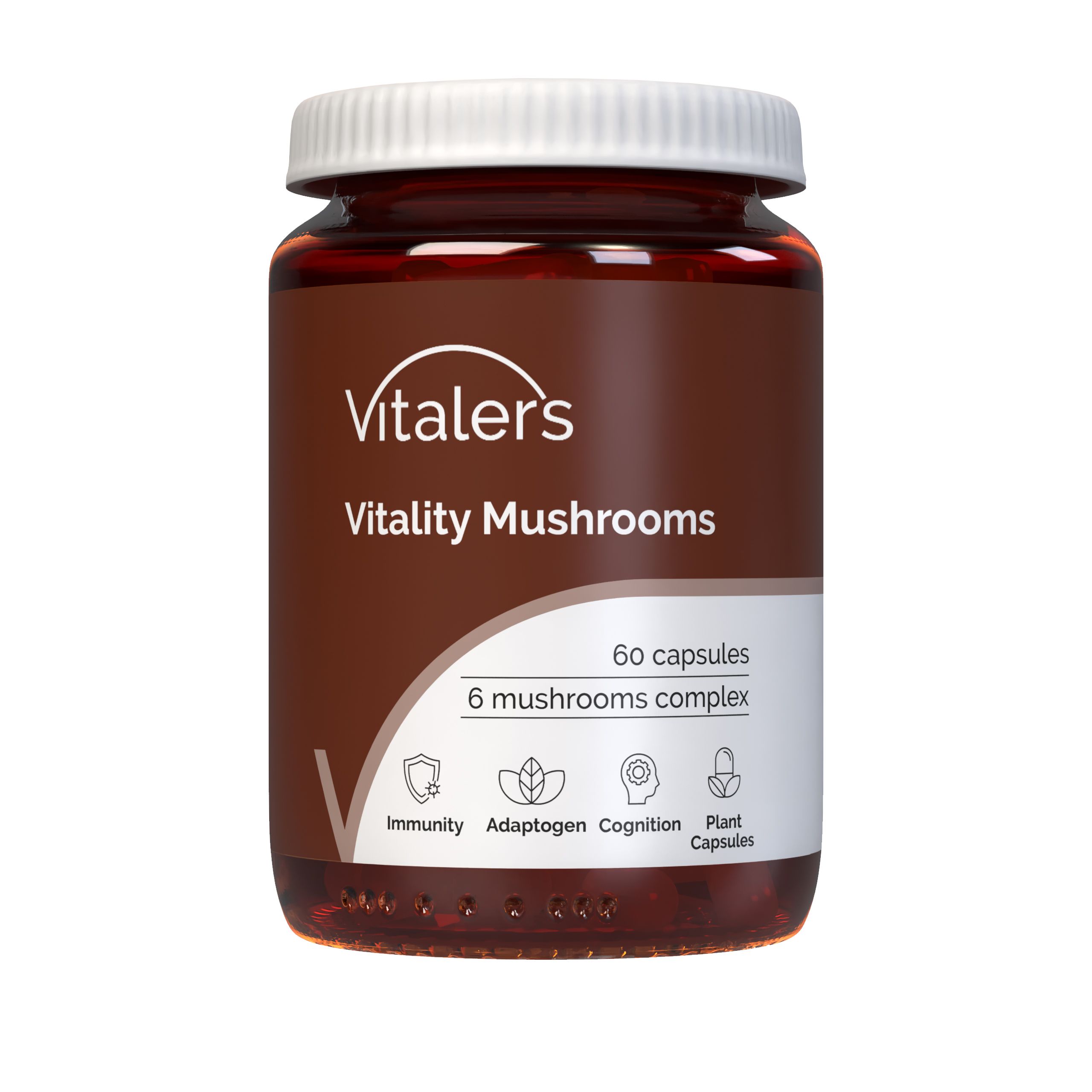 Vitaler’s Vital Mushrooms Komplex: Braune Dose mit 60 Kapseln. Zeigt Symbole für Immunität, Adaptogen, Kognition und Pflanzenkapseln.