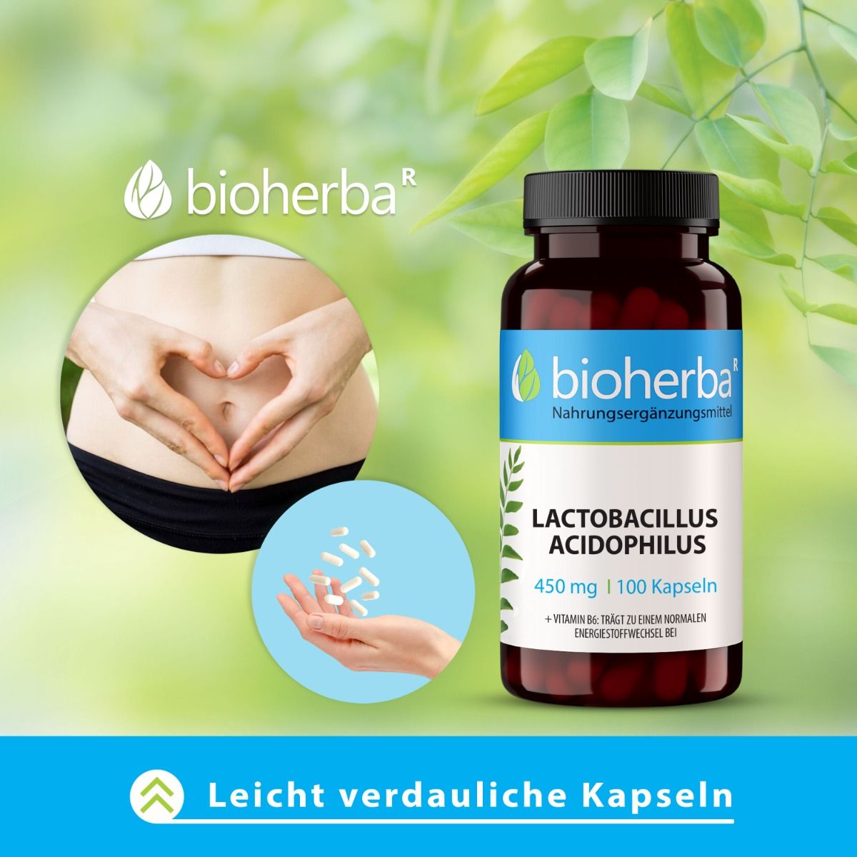 Braune Flasche mit Kapseln. Hände formen Herz. Hintergrund mit Bauch und Blättern.