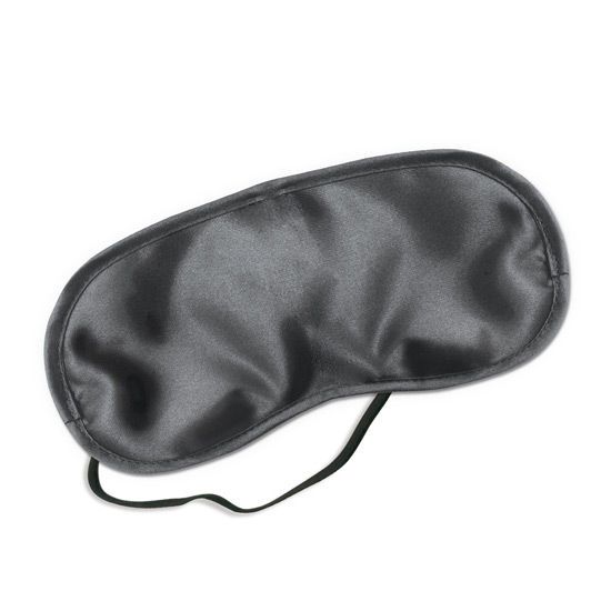 Graue Augenmaske aus Satin mit schwarzem Gummiband. Oval geformt.