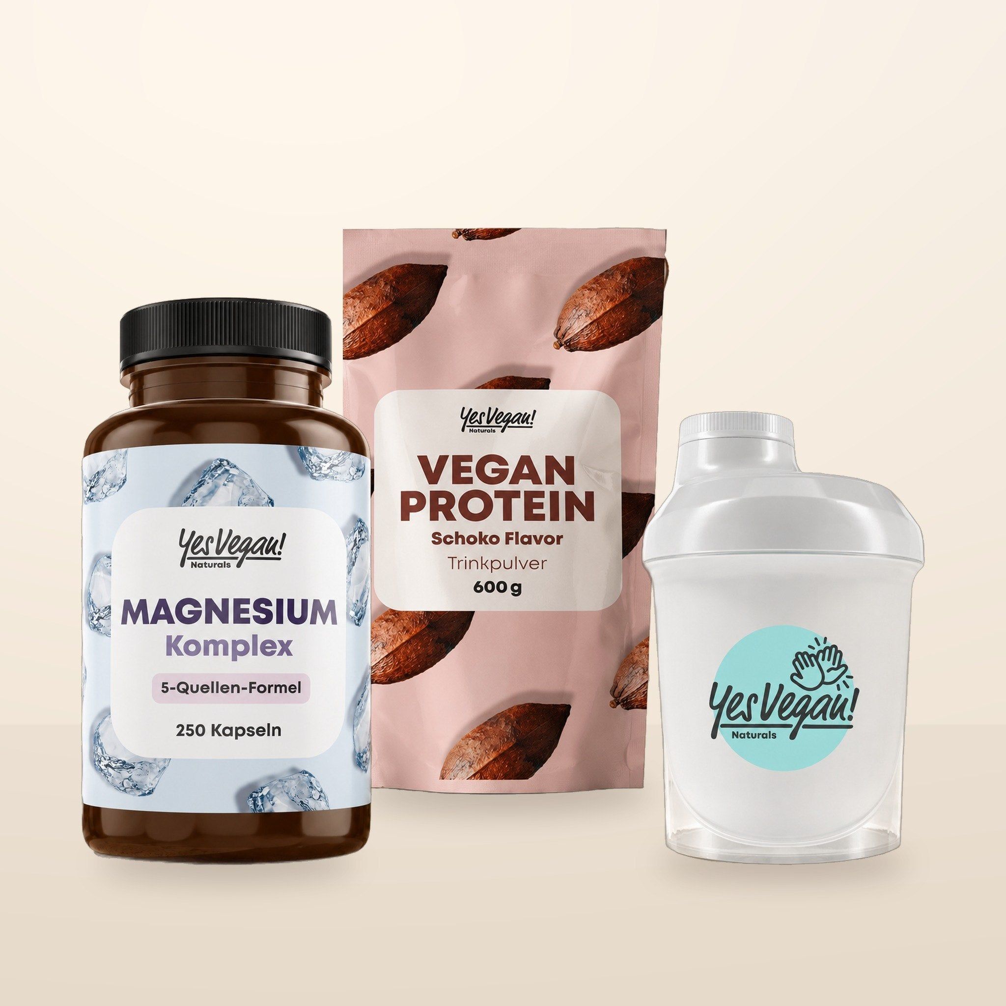 Yes Vegan Magnesium Komplex (250 Kapseln) und Vegan Protein Schoko (600g Pulver).