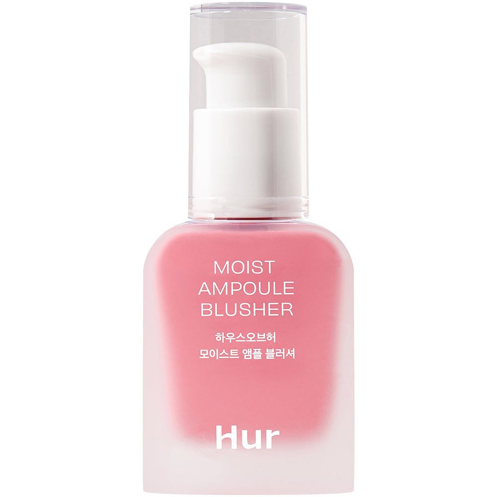 Rosa Ampullen-Blusher-Flasche mit weißem Pumpkopf. Text: MOIST AMPOULE BLUSHER, Hur. Koreanischer Text darunter.